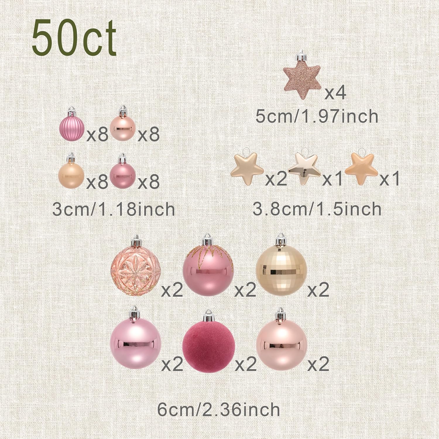 DecorbyHannah Christmas Tree Ornaments Set, 50ct Pink Gold Ornaments for Christmas Tree Decorations, Shatterproof Plastic Hanging Velvet Ball Bulk Set for Xmas Holiday Home Indoor Girl Party Decor