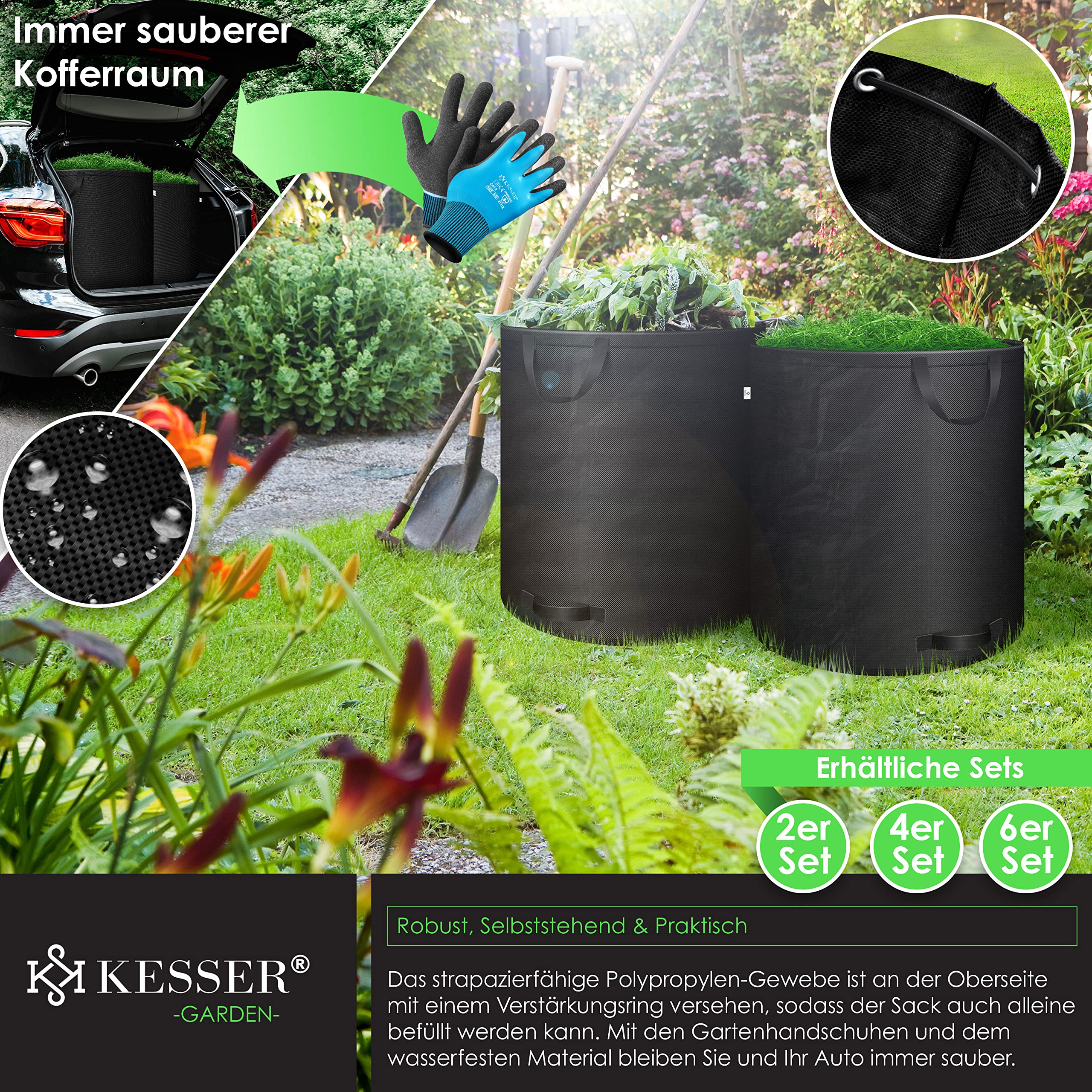 KESSER® Gartensack 2x 500L Set Laubsack Gartenabfallsack inkl. Handschuhe - Selbststehend 4 Griffe Stabil Robust & Faltbar - Laubsäcke Rasenschnitt für Gartenabfälle Grünschnitt Schwarz