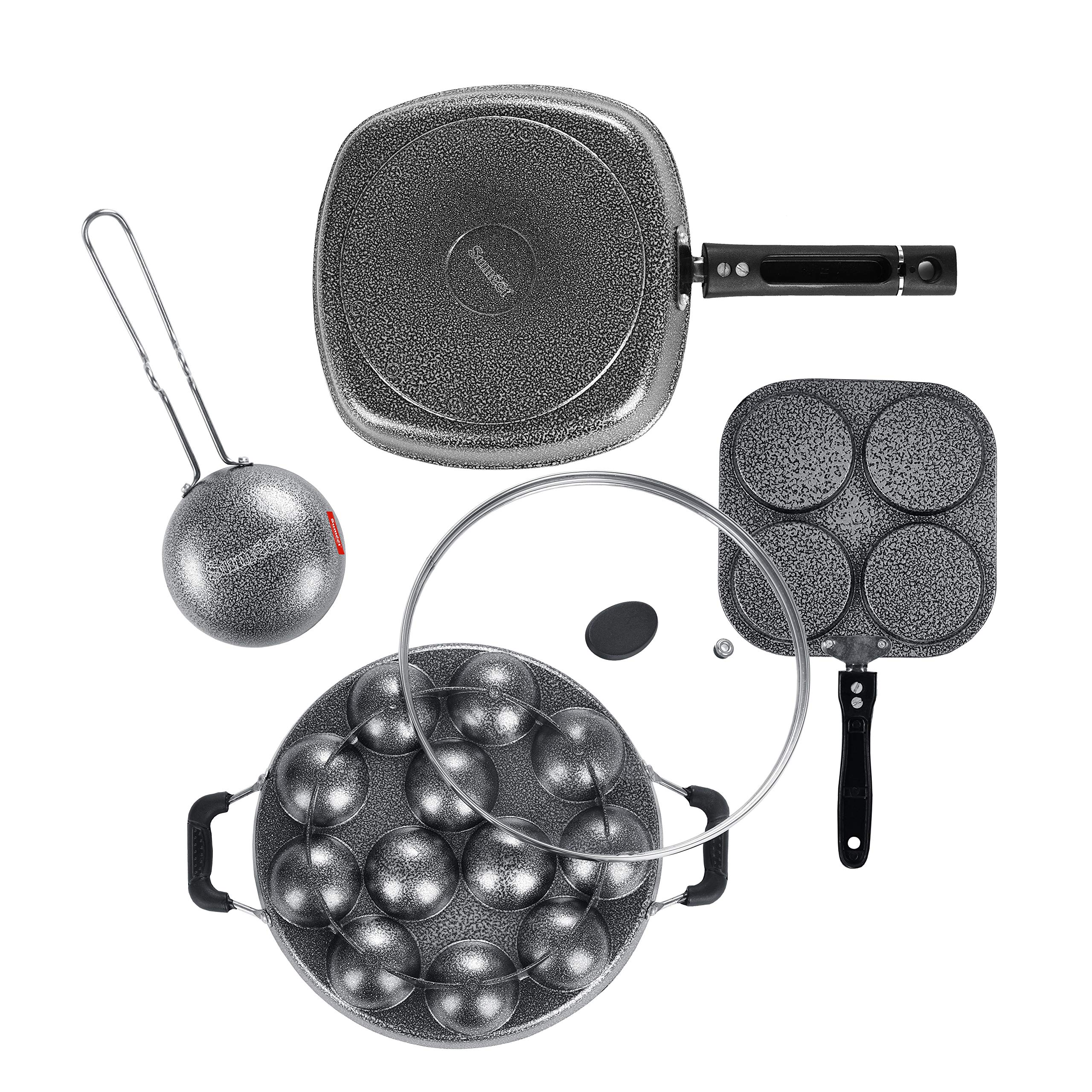 Sumeet NonStick Must Cookware Set (Mini Multi Snack Maker - 4 Cavity -19.5cm + Grill Appam Patra with Glass Lid - 12 Cavity - 22cm Dia + Grill Pan-22cm Dia + Waghariya/Tadka pan - 190Ml - 10Cm Dia) - Image 5 thumbnail