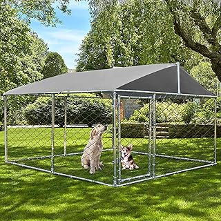 LETATA Large Outdoor Dog Kennel Playpen for Large Dogs Heavy Duty Metal Outside Dog Cage Fence with Waterproof Protection Cover Dog Run Enclosure with Secure Lock for Backyard