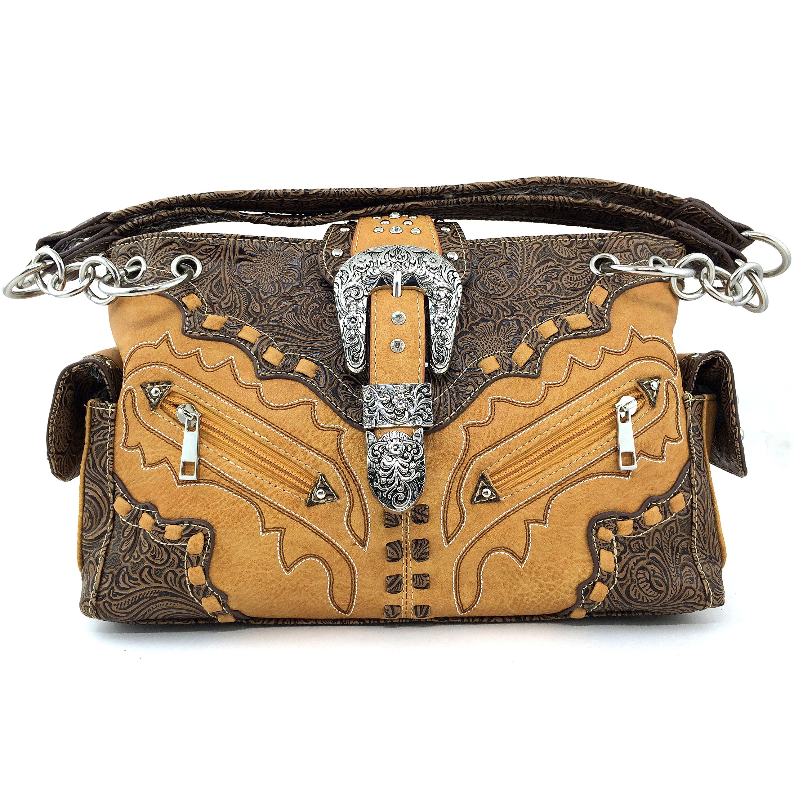 Justin West Purse Western Floral Carved Leather Zipper Design Rhinestone Silver Buckle Concealed Carry Handbag (Tan)