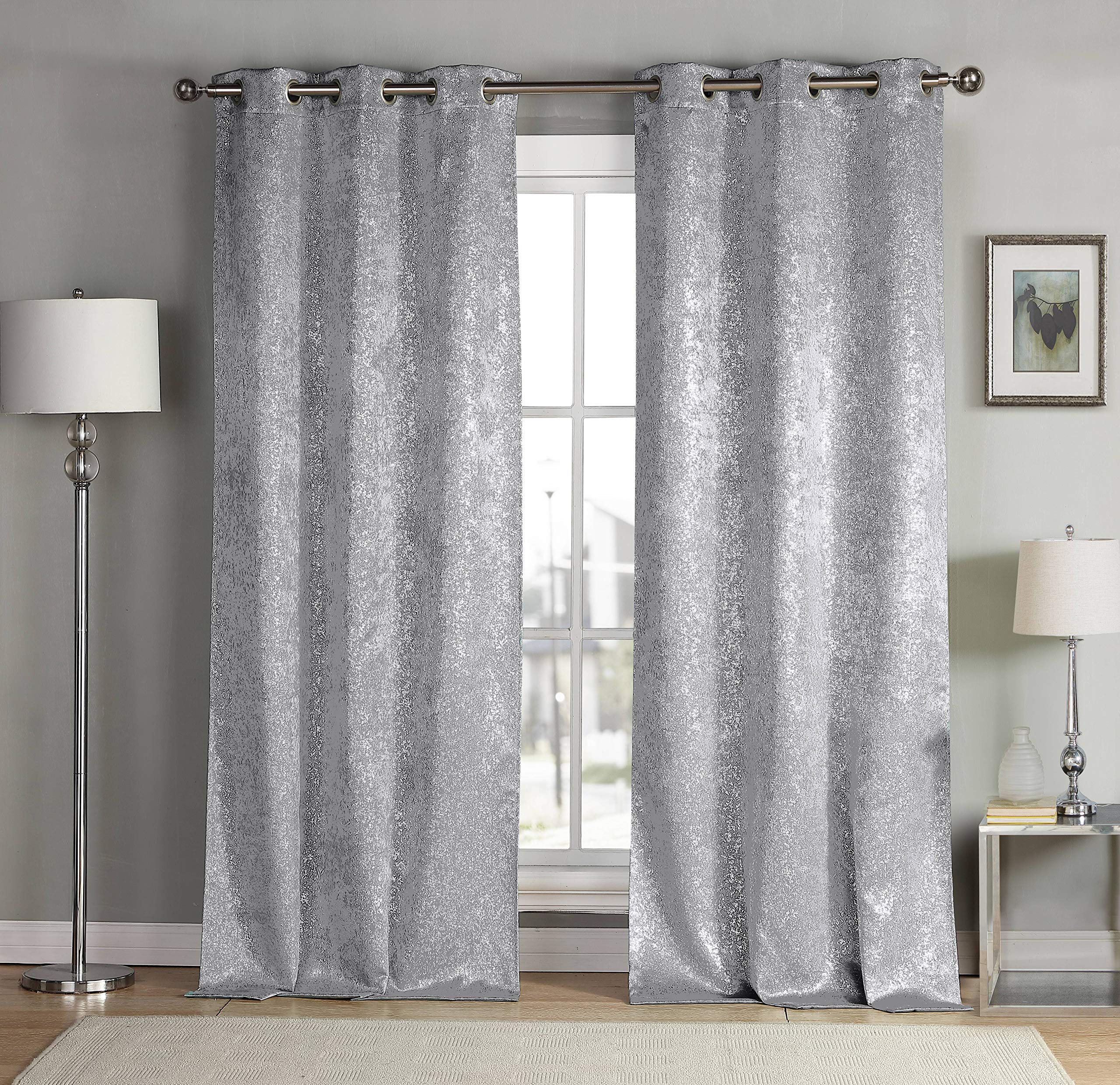 Kensie Maddie Metallic Blackout Darkening Window Curtain with Set of 2 Panels, Polyester, Silver, 84 x 38 x 84 cm