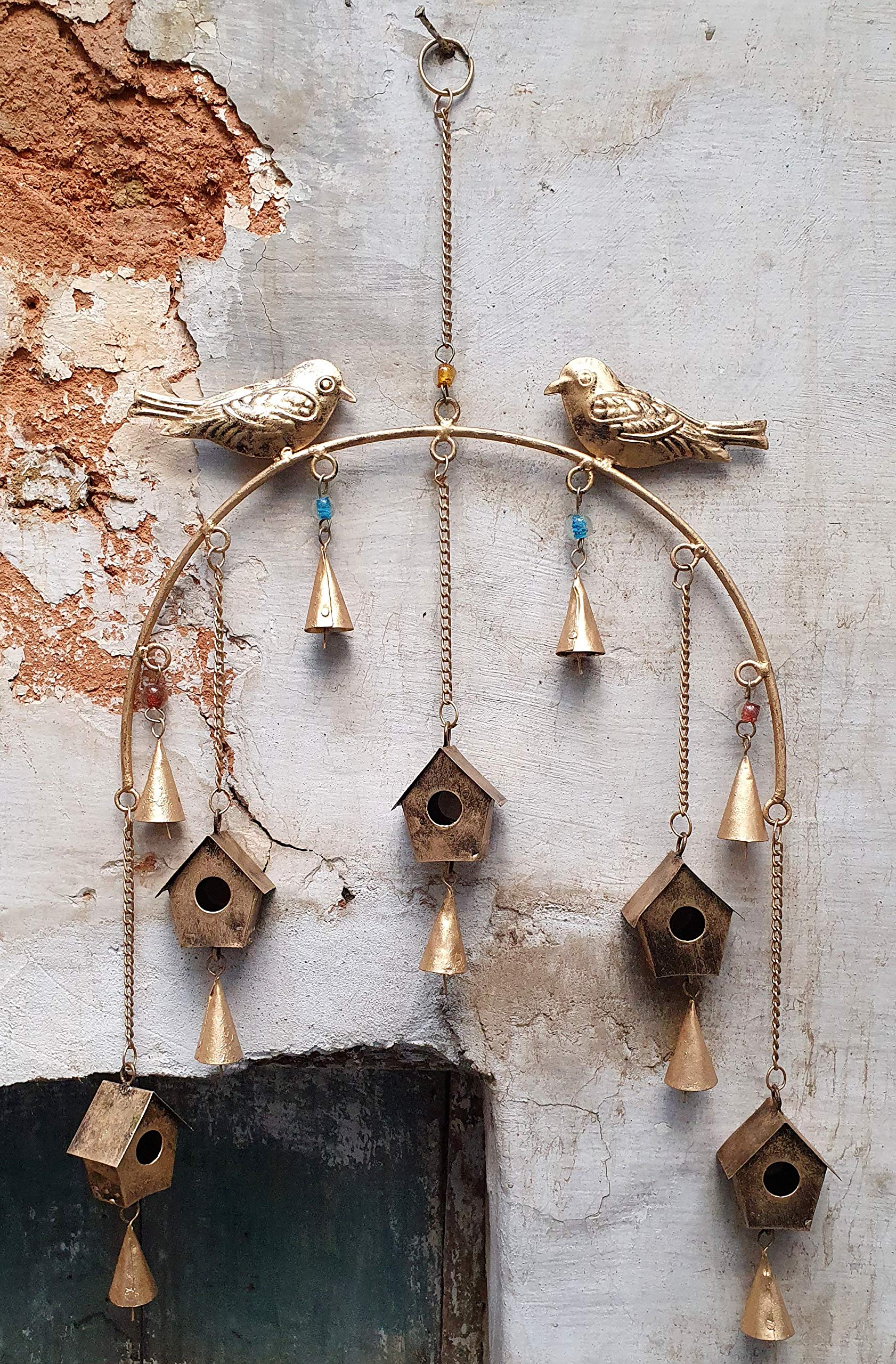 HIGHBIX Hanging Metal Bird Hut Handmade Rustic Vintage Hangings Charming Bells with Jute Bag Wall Hanging Decor (65cm) - Image 3 thumbnail