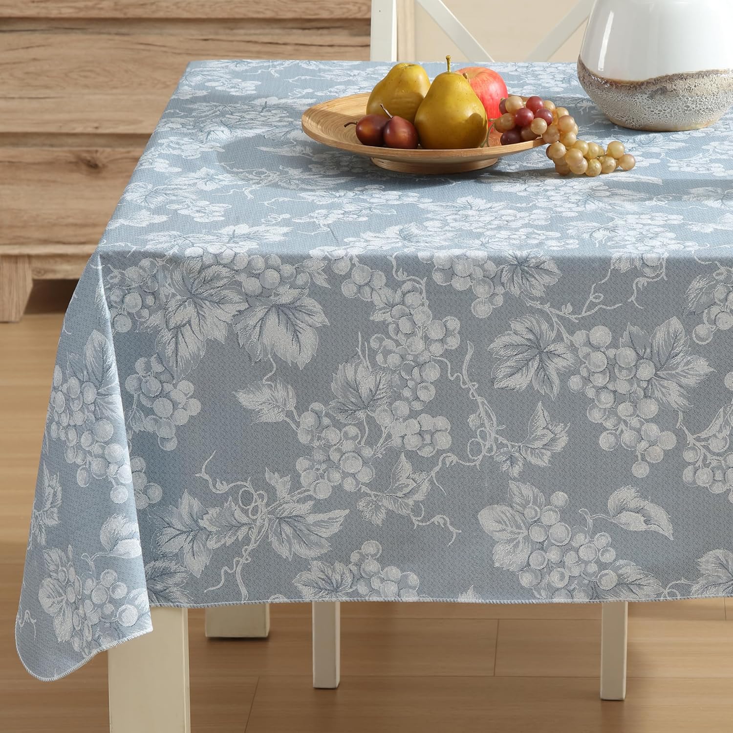 Lintex Home Bargains Plus 60 x 84 Inch Rectangle Vinyl Tablecloth with Flannel Backing, Traditional Grapevine Print, Waterproof Indoor Outdoor Dining Room, Party and Banquet Table Cover, Blue