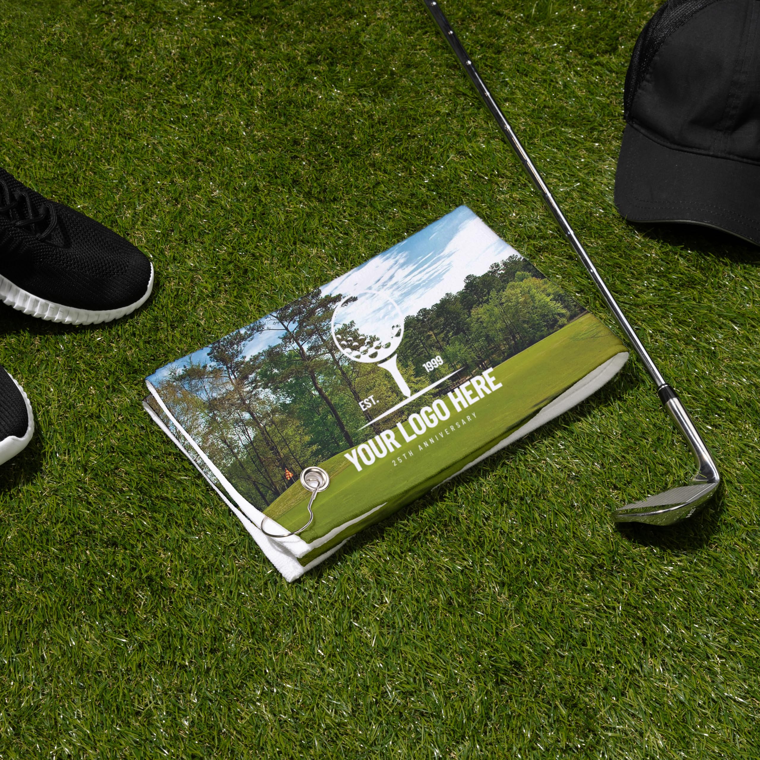 FrameStory Custom Personalized Golf Towel, Add Your Photos, Event or Company Logo, Customizable with Text, Super Soft Silk Touch, Velour Golf Towel with Grommet and Hook, 16