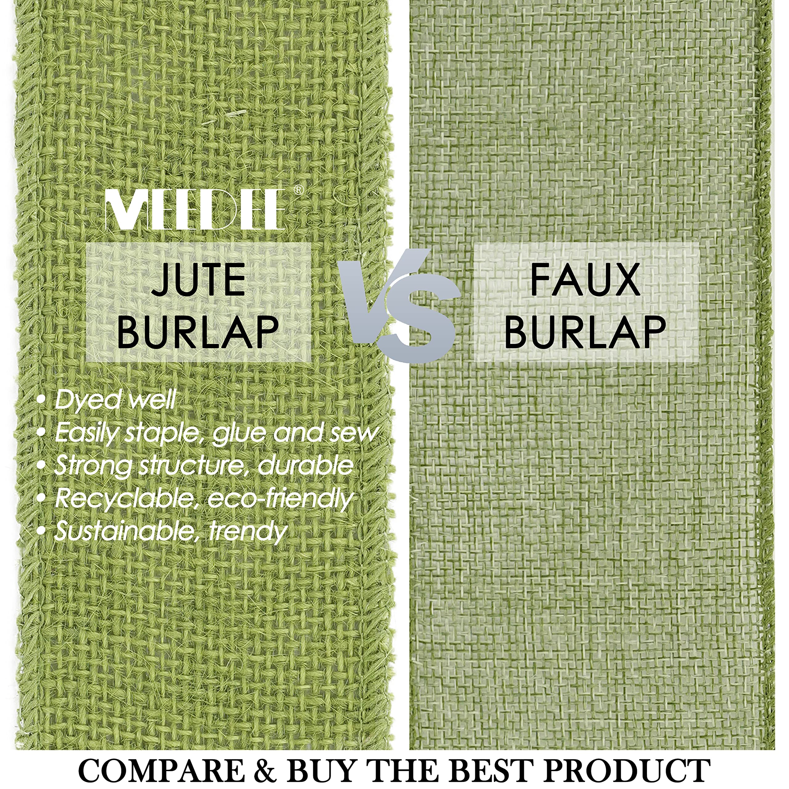 MEEDEE Salbeigrünes Juteband, 6,3 cm, natürliches Jute-Sackleinenband, Salbeiband, Juteband, Bastelband, Stoffband für rustikale Party, Hochzeit, Dekoration von Kranzschleifen (9,1 m)