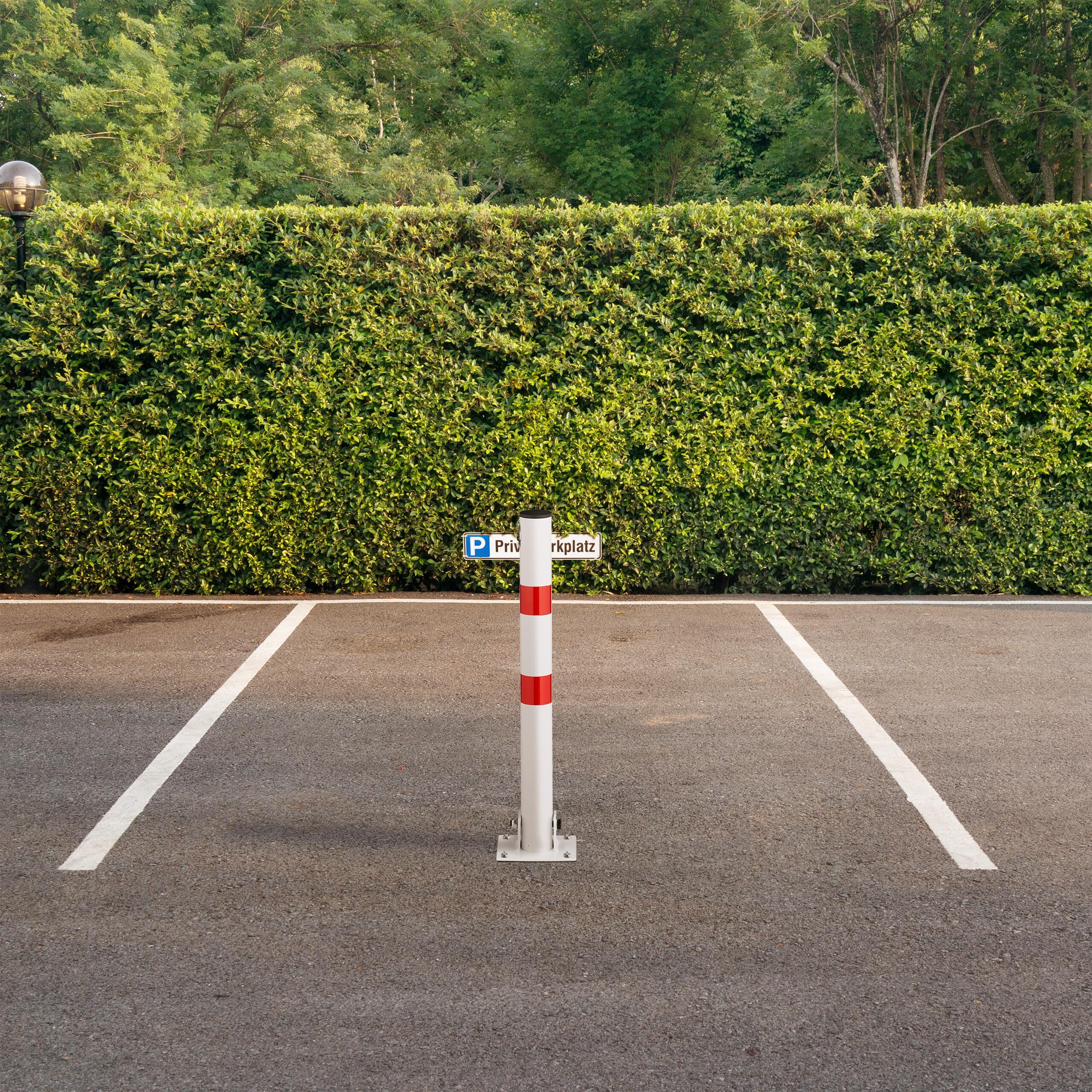 Relaxdays Poteau de Parking Rabattable, Borne de Stationnement en Acier, H 65 cm, Verrouillable, Blanc/Rouge