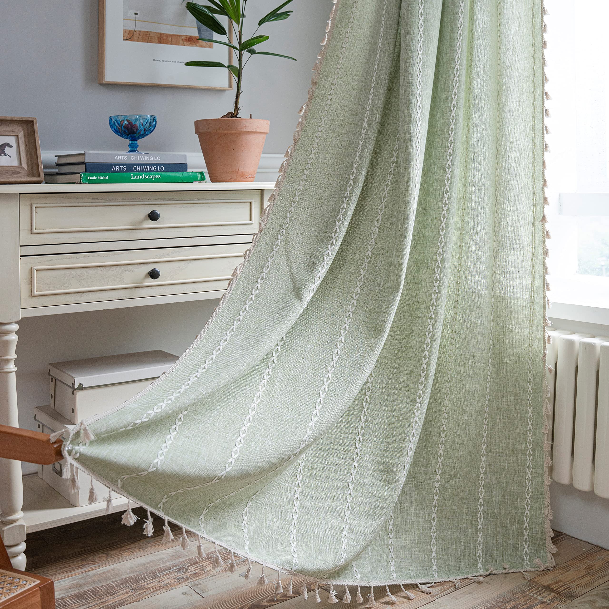 Sutuo Home Boho Curtain for Bedroom 84 Inch Length, Light Filtering Farmhouse Vintage Chic Tassels Window Treatment Bohemian Embroidery Drape, Rod