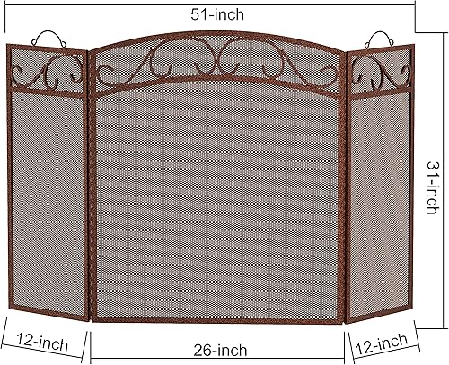 Miniatura 6 de Fire Beauty Pantalla de chimenea 3 paneles con asas de hierro forjado 51 pulgadas de largo x 31 pulgadas de alto, cubierta protectora de chispas