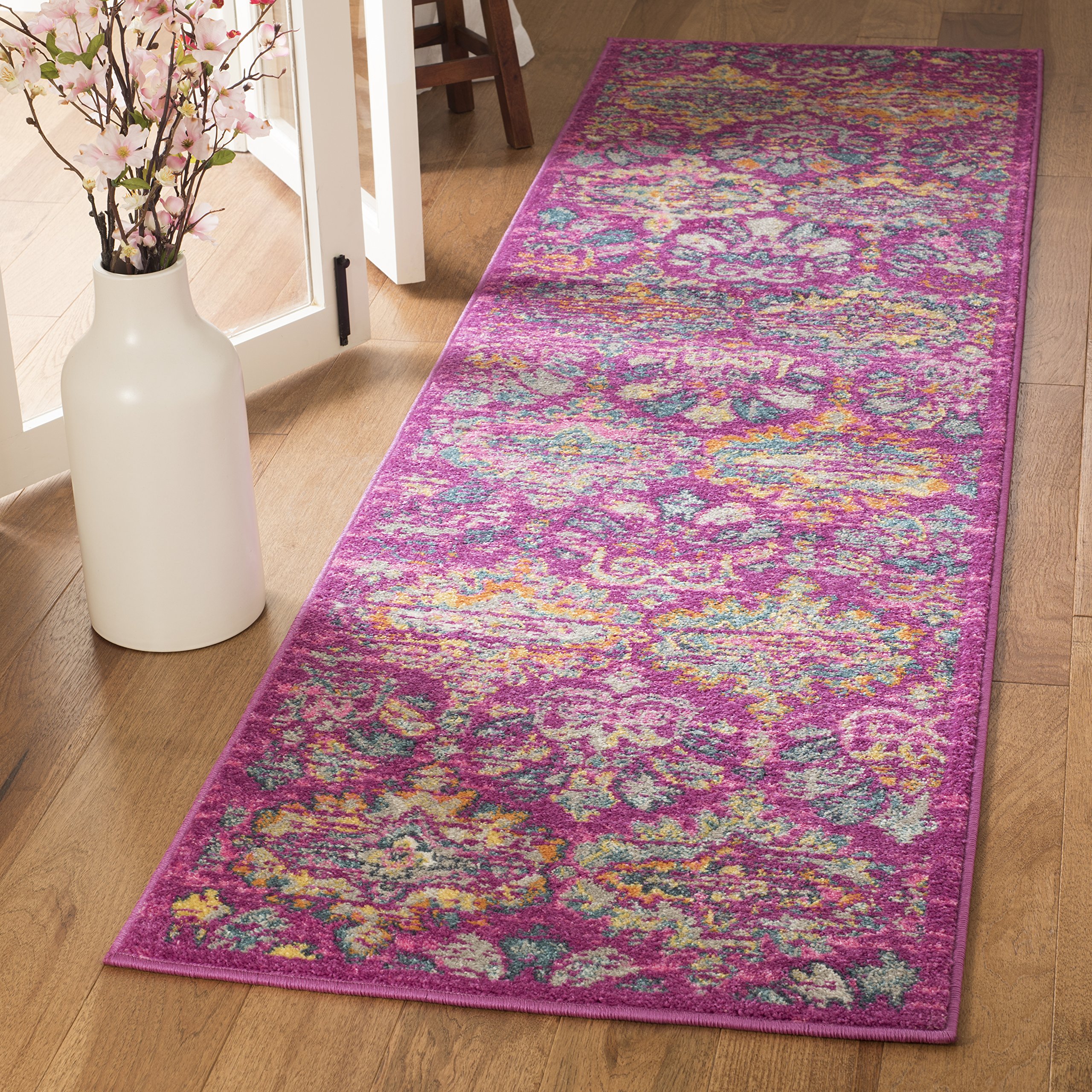 SAFAVIEH Madison Collection Runner Rug - 2'3" x 6', Fuchsia & Blue, Boho Chic Damask Design, Non-Shedding & Easy Care, Ideal for High Traffic Areas in