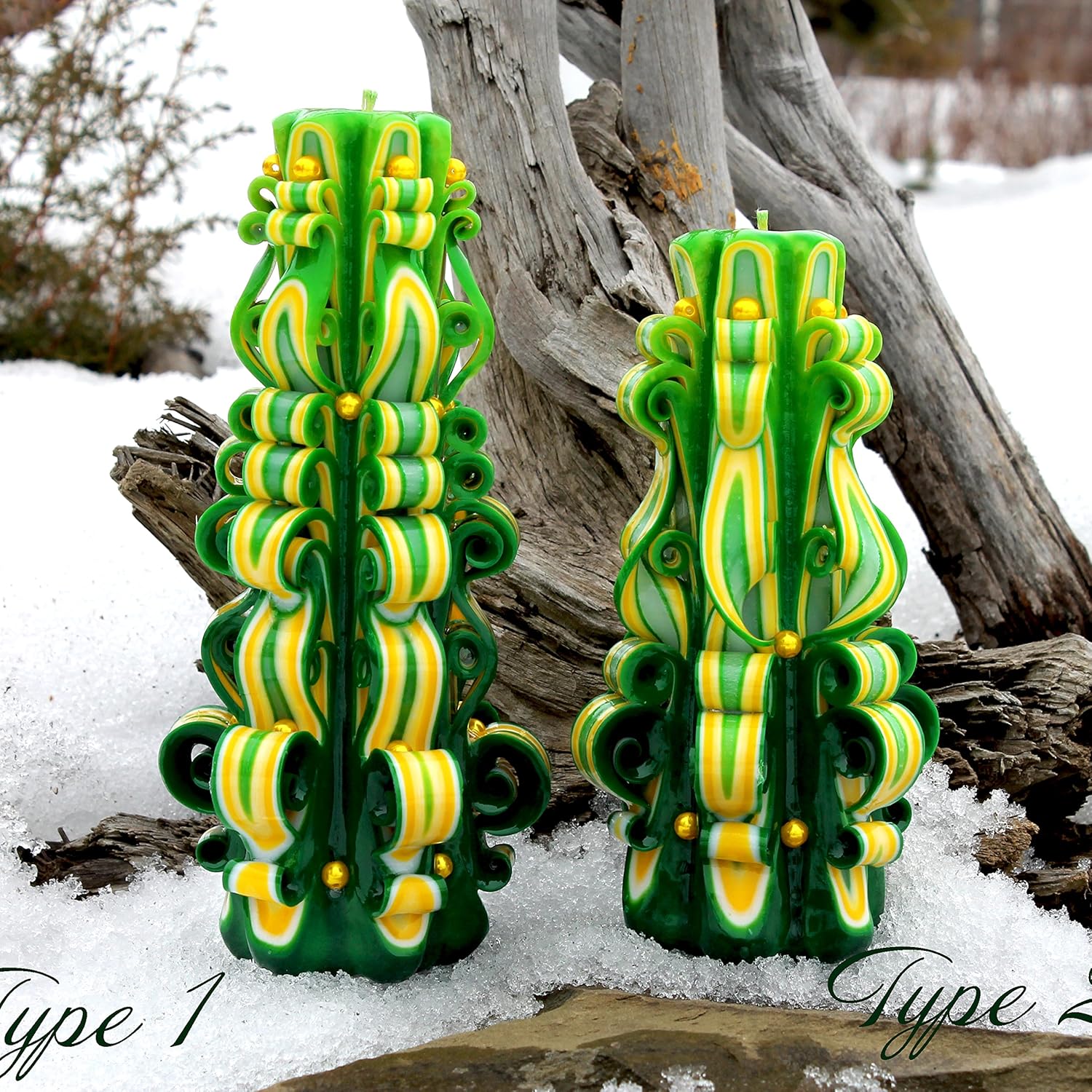 Green Yellow carved candles decorative green candles candles gift