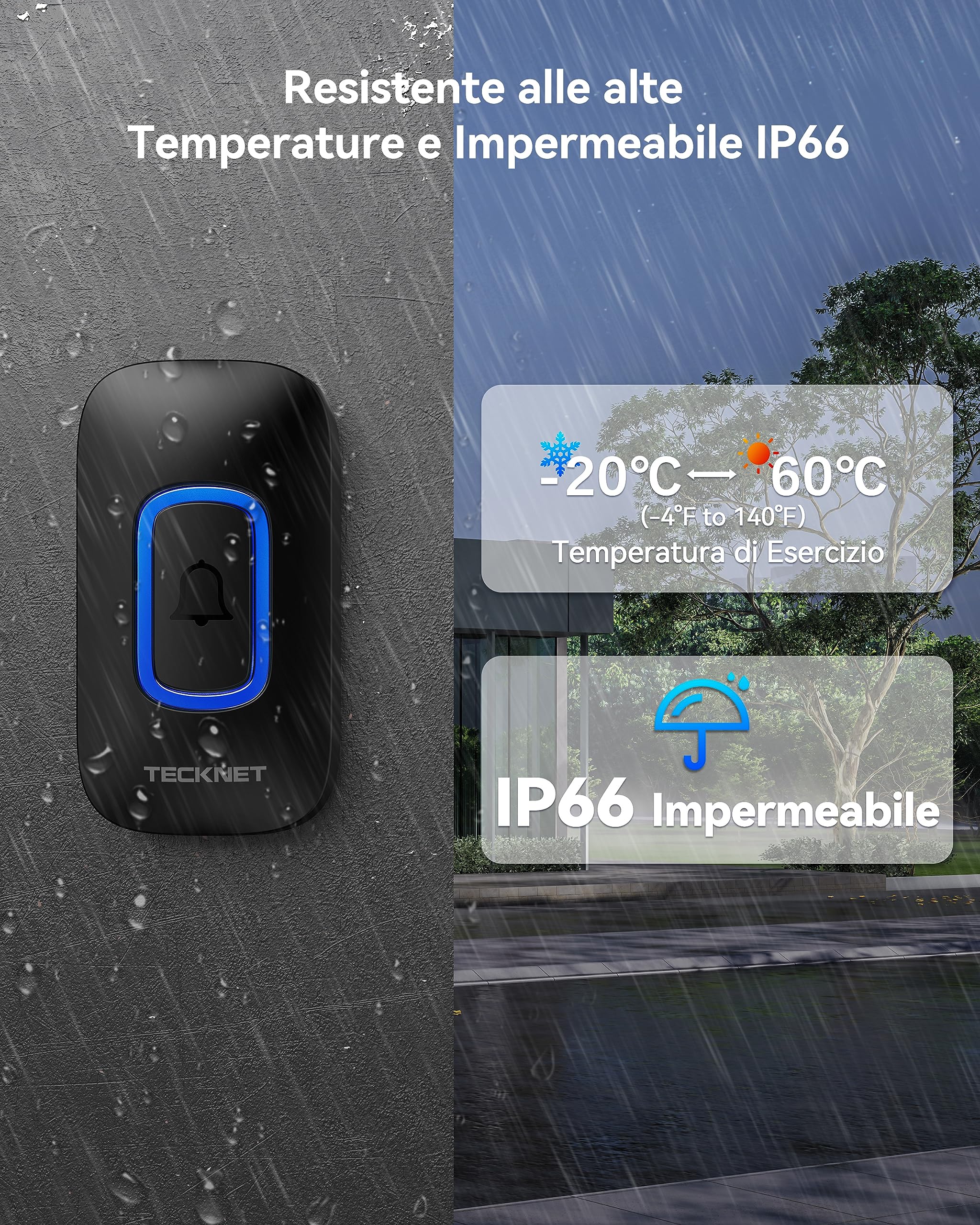 Tecknet Campanello Senza Fili da Esterno, Campanello Wireless IP66 Impermeabile con RGB Indicatori 400M Operativo Portata, 60 Suonerie, 5 Volumi Selezionabili,(1xTrasmettitore e 3x Ricevitore)