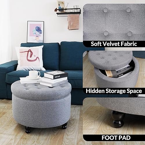Miniatura 7 de Elevon Otomana grande tapizada redonda con botones y almacenamiento para sala de estar y dormitorio, 24.4 x 24.4 x 16.9 pulgadas