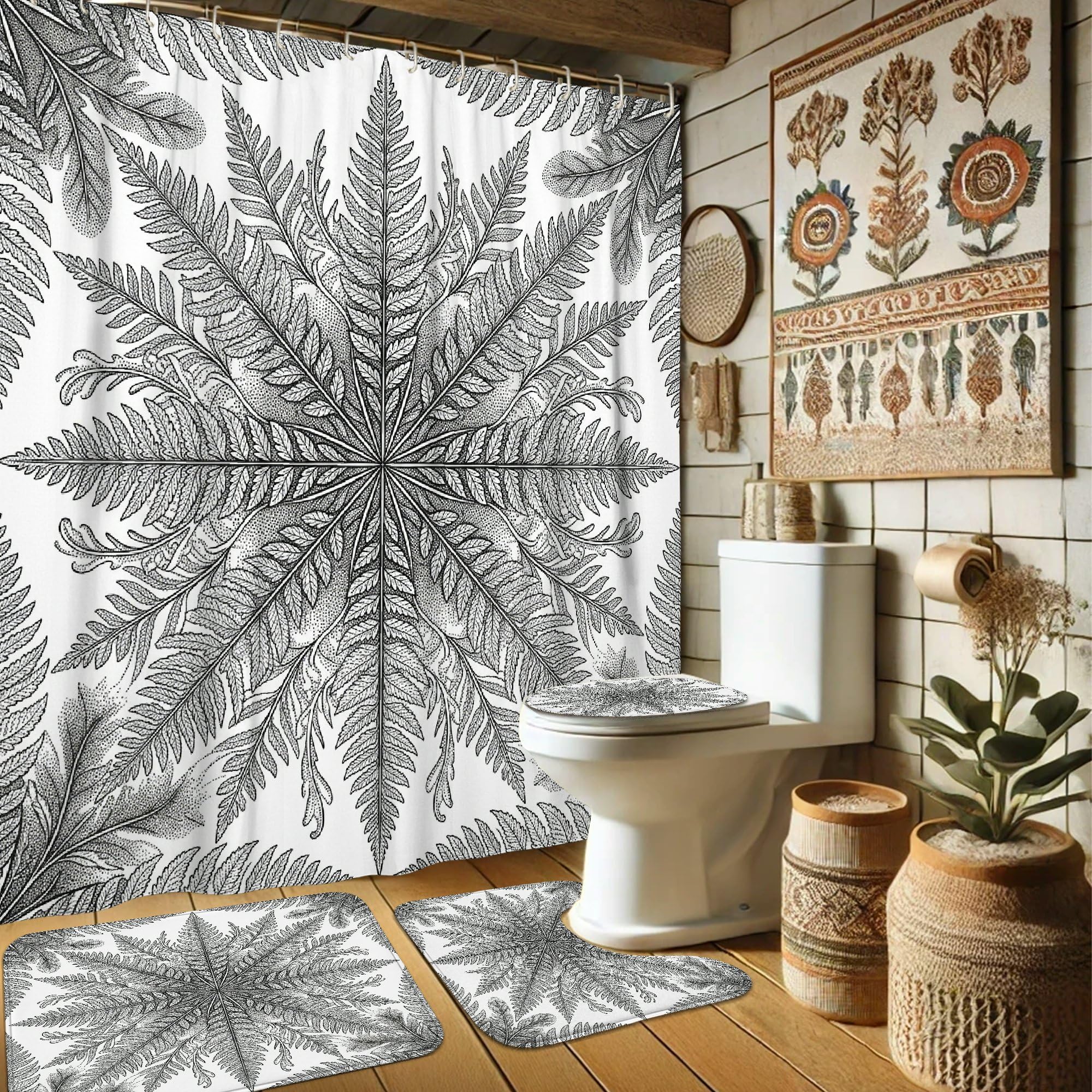 Rideau de douche fougère noir 183x183 cm en tissu imperméable pour salle de bain d'appartement