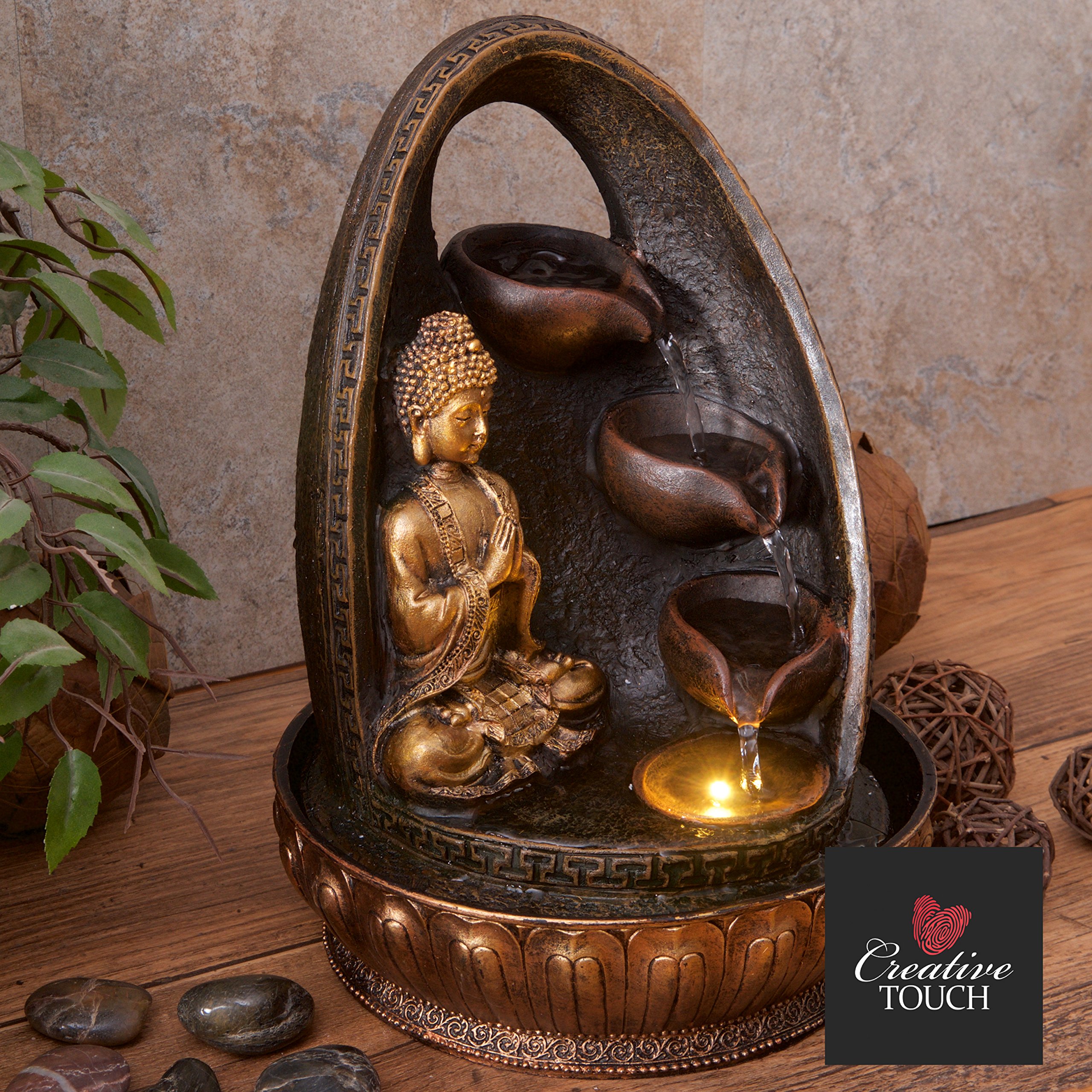 Golden Buddha Prayer with Water Cups Indoor Water Fountain with LED