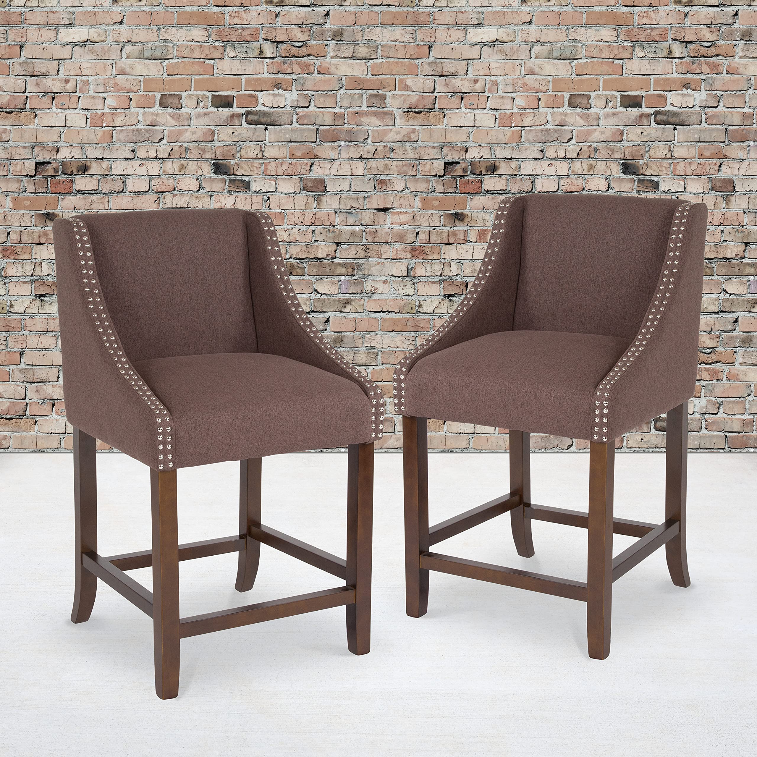 Flash Furniture 2 Pk. Carmel Series 24" High Transitional Walnut Counter Height Stool with Accent Nail Trim in Brown Fabric