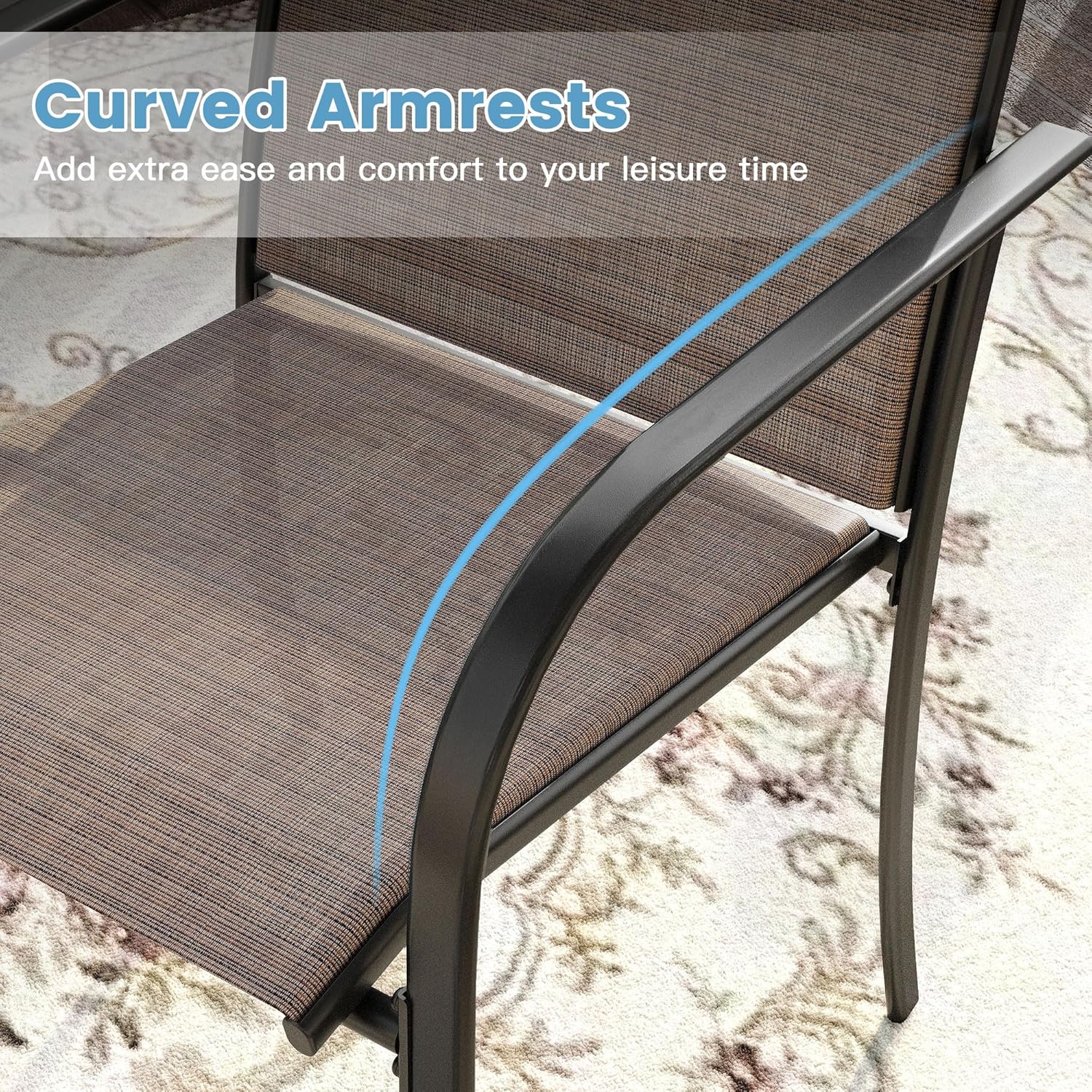 DIFY 7 Pieces Outdoor Patio Dining Set for 6, 63" Black Rectangle Metal Dining Table and 6 Brown Stackable Sling Dining Chairs, Outdoor Table and Chairs for Lawn Garden Backyard Deck