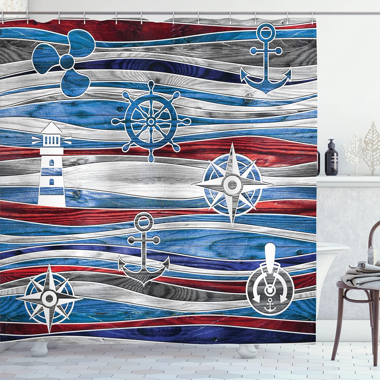 Ambesonne Anchor Shower Curtain, Boat Near by The Lighthouse with a Steering Wheel of a Ship Compass and Waves on The Background, Cloth Fabric Bathroom Decor Set with Hooks, 69" W x 84" L, Grey Red