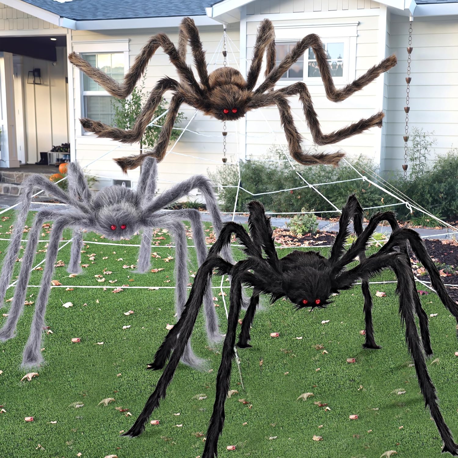 JOYIN 3 Pcs Halloween Spiders Outdoor Decoration, Halloween Decor Outside, Fake Hairy Giant Spiders for Yard Lawn Porch Decor Indoor Haunted House Scary Prop (59?Black, 47? Brown, 35? Grey) 59?,47?,35? Black, Brown, Gray