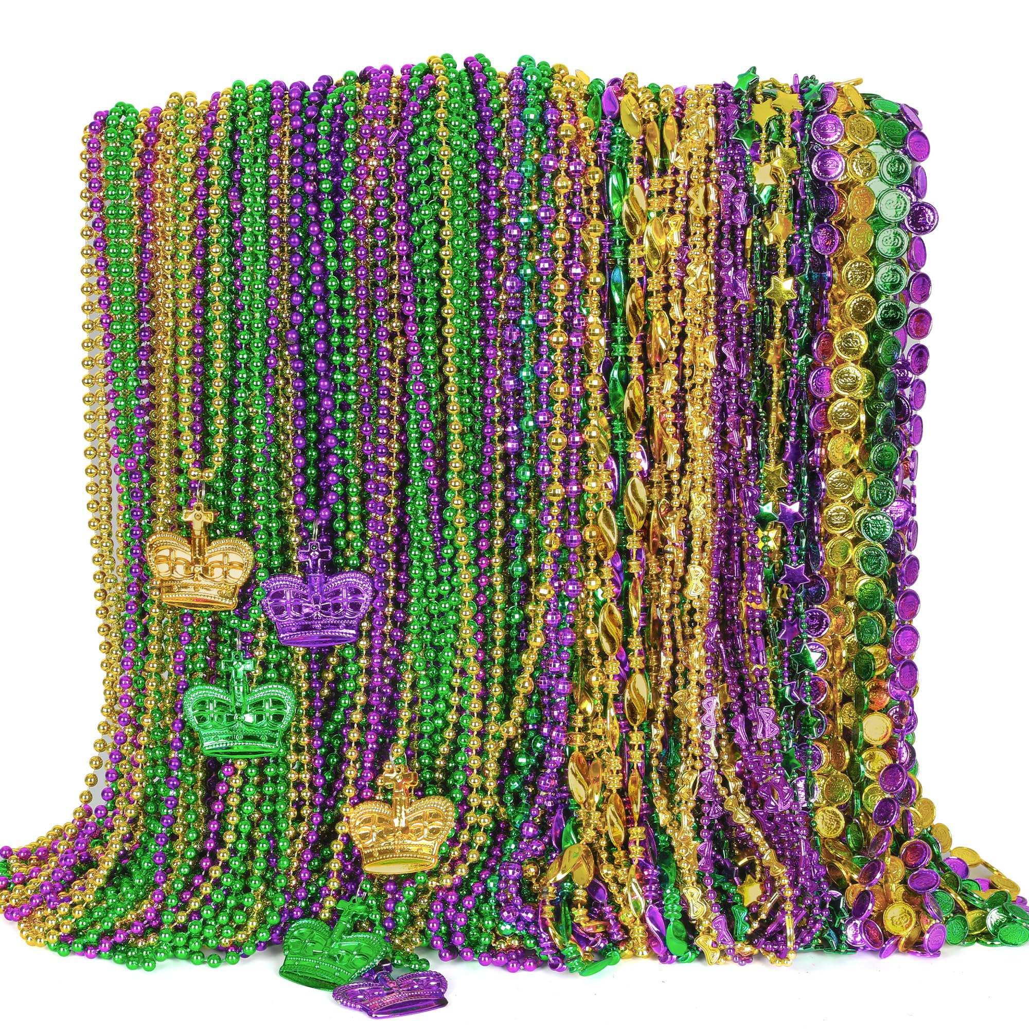 144 piezas de cuentas de Mardi Gras, cuentas metálicas de Mardi Gras, color verde, morado, dorado, accesorios a granel, collar de cuentas de Mardi Gras, disfraces, mujeres, hombres, niños, para