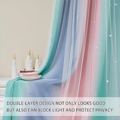 Miniatura 2 de XiDi Pink Grey Curtains for Girls Bedroom, Unicorn Wall Decals Green Curtain, Kids Curtains Room Darking, 63 inchs Long Blackout Curtain 52 inches