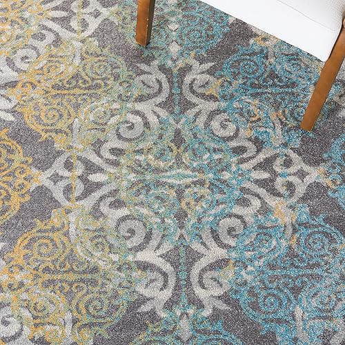 Miniatura 7 de SAFAVIEH Evoke Collection EVK230D Medallón Damasco no desprende pelusa, 9 x 12 pies, grismarfil, no desprende pelusa, para sala de estar,