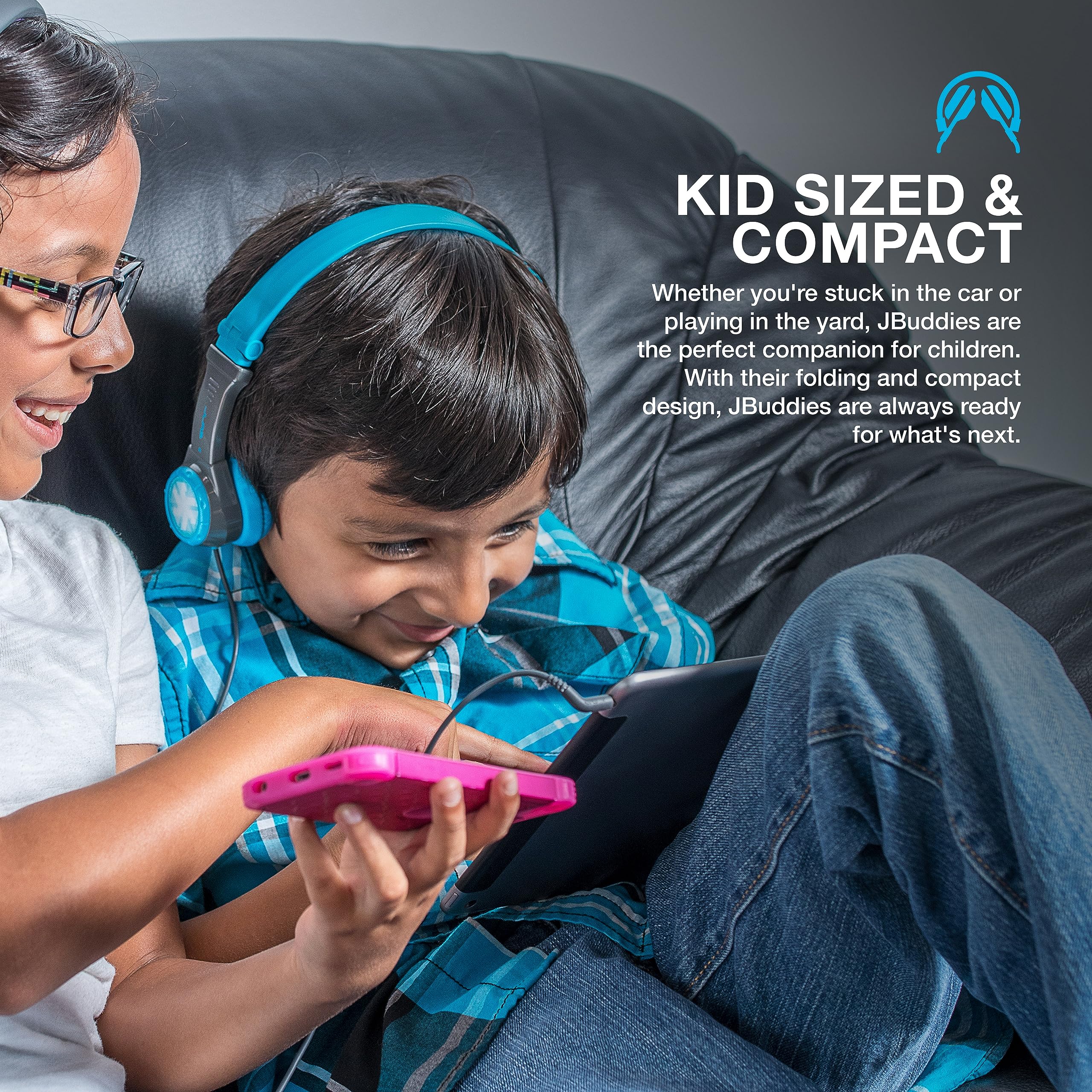 JLab Audio Kopfhörer Kinder, JBuddies Zusammenfaltbarer Kopfhörer für Kinder, On-Ear, Kabelgebunden und Kindersicher, Mit Lautstärkebegrenzer, Geräuschisolierung Und 8 Charakteraufklebern, Blau