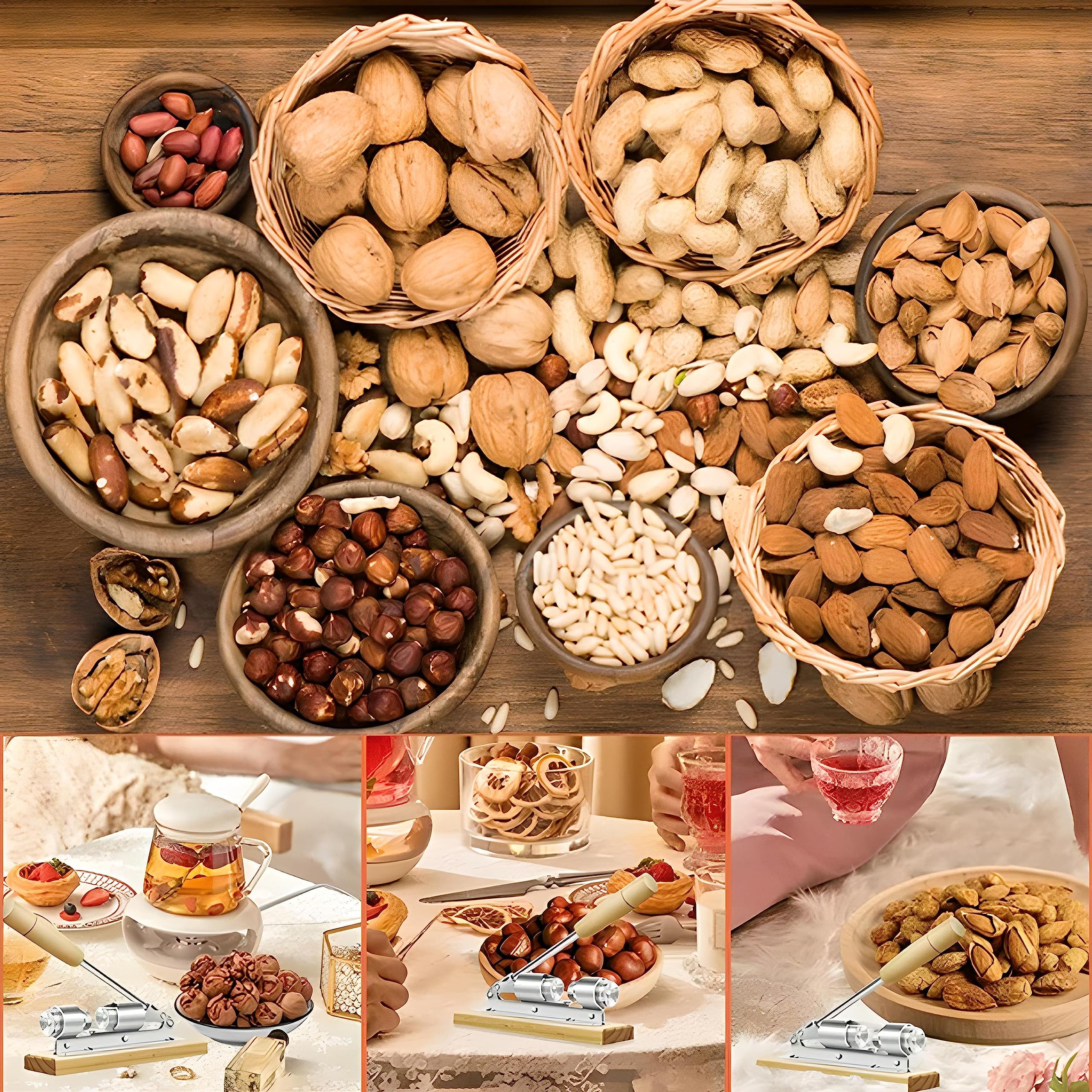 Retoo Casse-Noix en Acier, Ajustement À La Taille des Noix, Support en Bois, Casse-Noisettes Très Solide Et Résistant, Casse Noisette Multifonctionnel, pour Les Noisettes, Les Noix, Les Homards