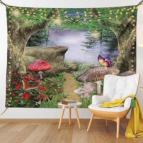 Miniatura 9 de Ambesonne Tapiz de hongos, camino de la naturaleza encantada, mariposas, paisaje, rocas, decoración para colgar en la pared para dormitorio, sala de