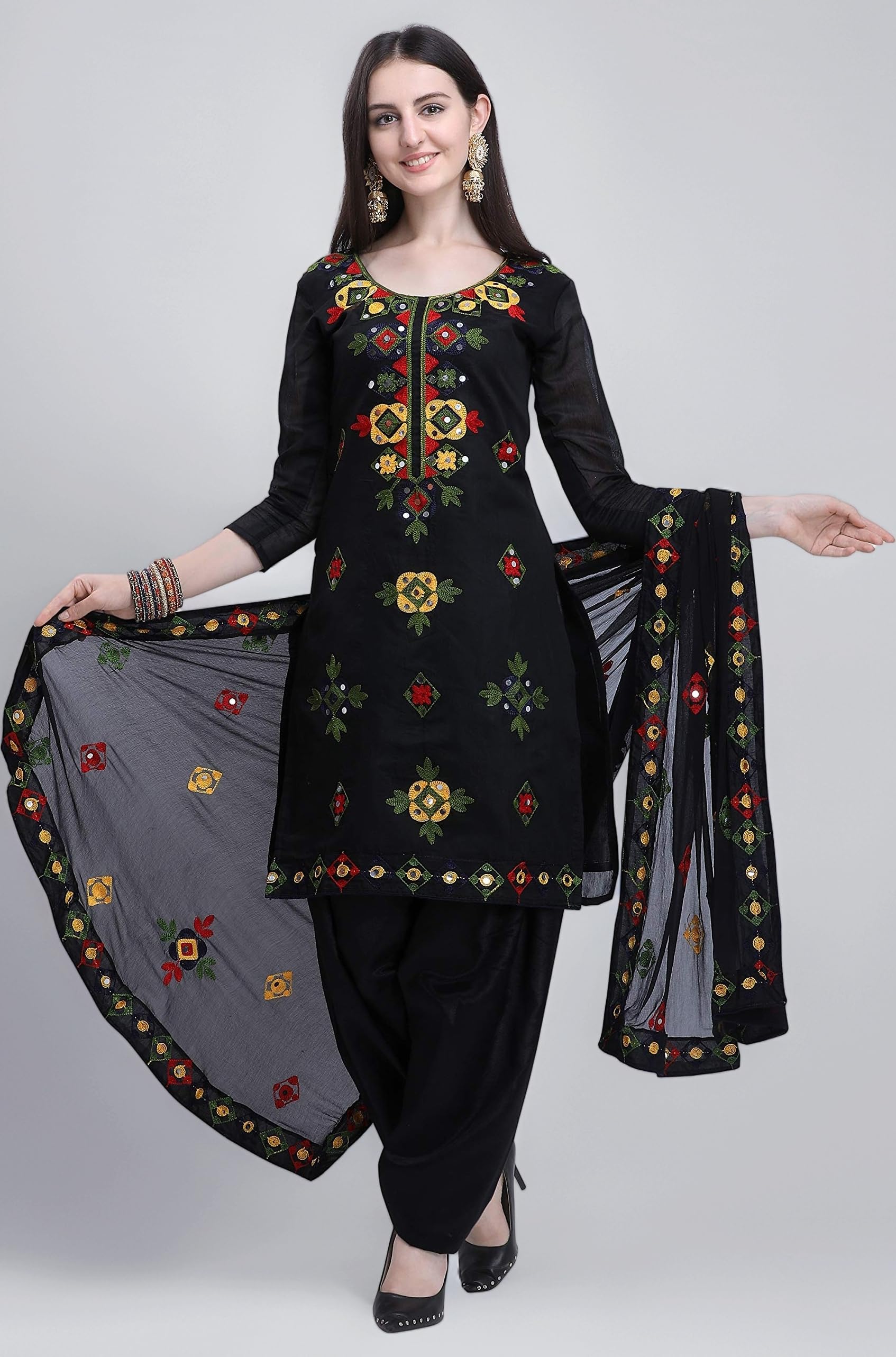 EthnicJunction Women's Chanderi Cotton Embroidered And Mirror Work Unstitched Salwar Suit Material