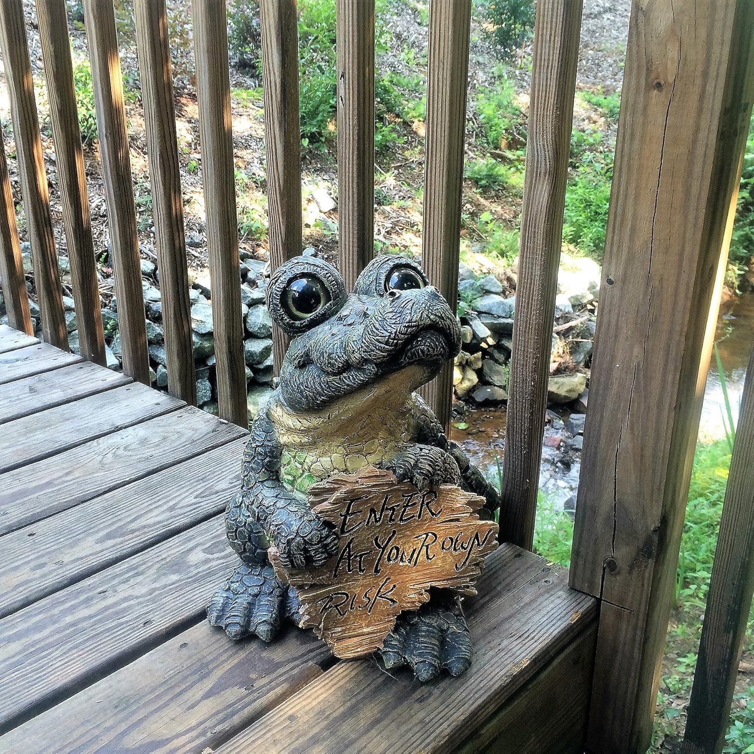 Toad Hollow Extra Large Standing Gator with Enter at Your Own Risk Sign Alligator Statue 15" H