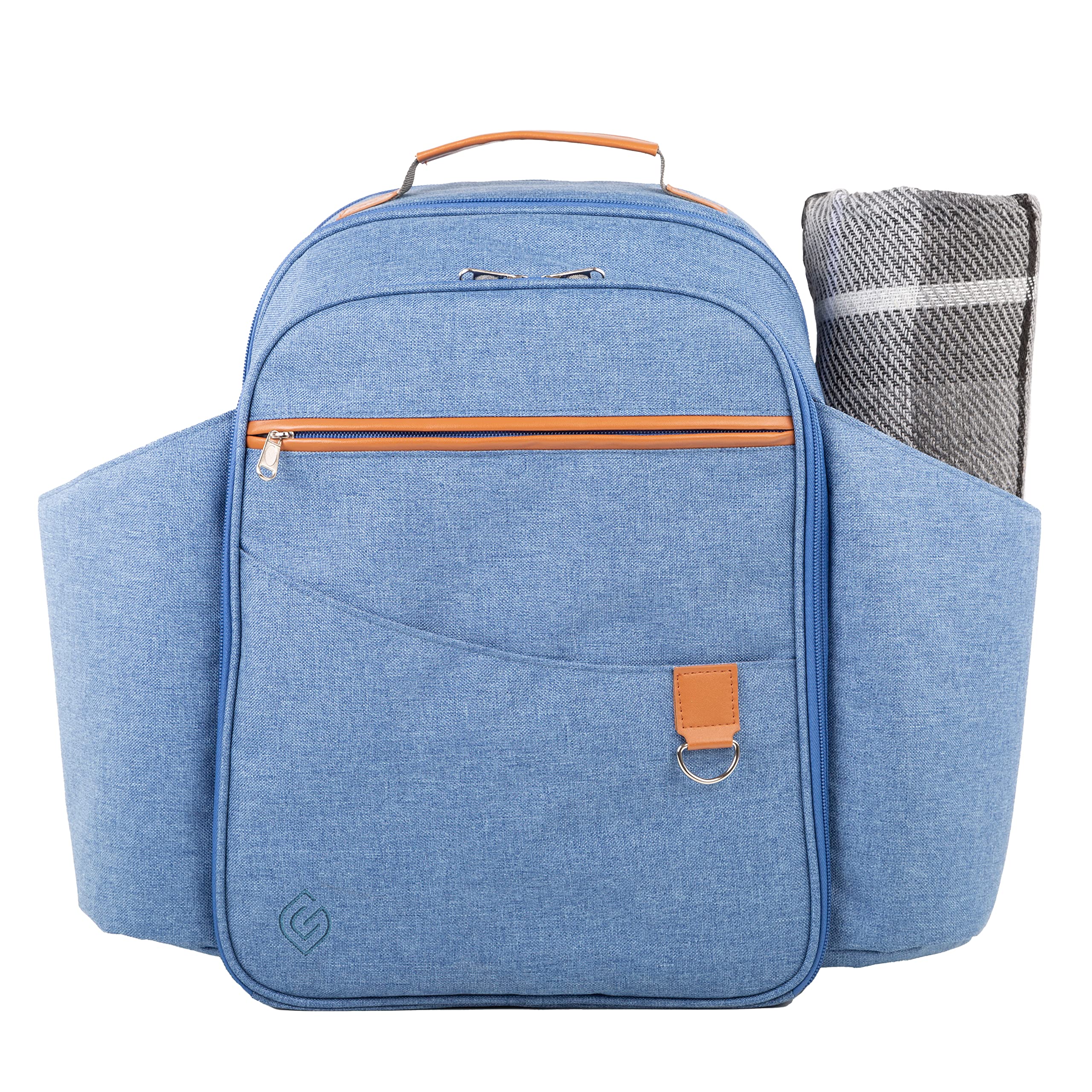 Greenfield Collection Blue 4 Person Deluxe Insulated Backpack Cooler Lunch Bag - Picnic Bag With Cutlery/Picnic Set And Picnic Blanket; Perfect Cool Bag Rucksack For Camping/Bbq/Hiking