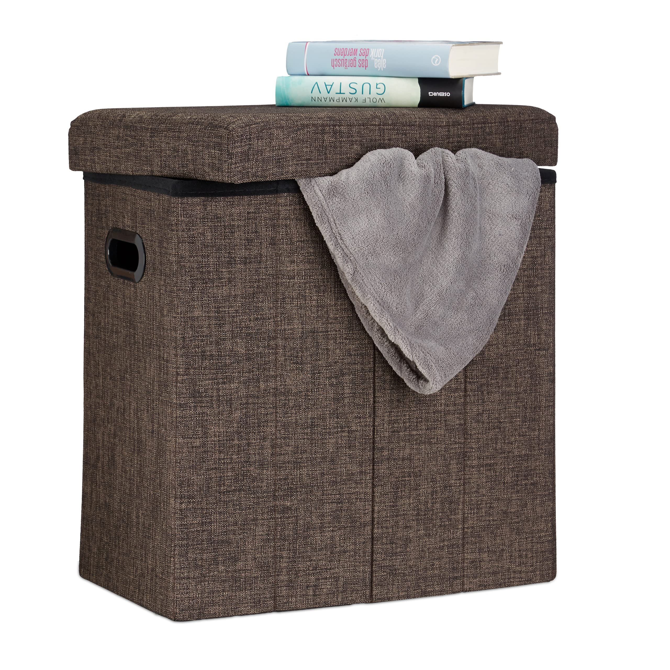 Relaxdays Puff Almacenaje Plegable con Tapa, Poliéster, Marrón, 49.5 x 46 x 25.5 cm