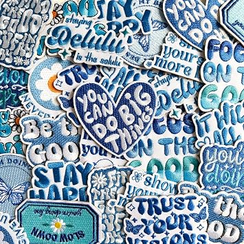 18Pcs Blue Positive Affirmations Iron on Patches, Motivational Phrases Embroidered Sew on Applique for Hats Jeans Clothes Jackets Backpacks