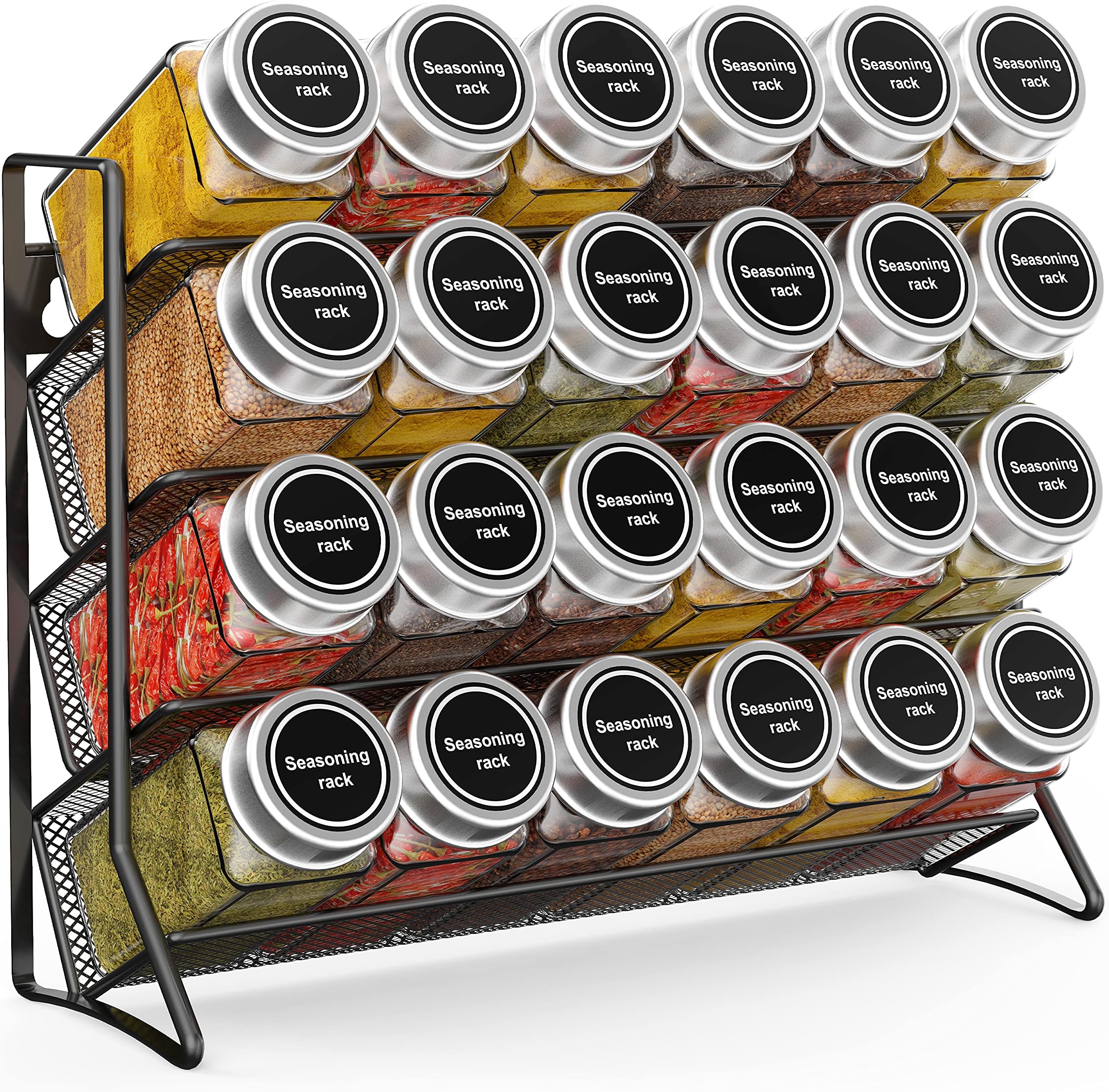 3-Tier Spice Rack Free Standing, Counter Spice Organiser, Metal Seasoning Bottle Organizer for Kitchen, Countertop, Cupboard, Pantry - 2Pcs, Black