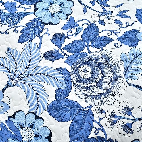 Miniatura 4 de Lush Decor Sydney - Juego de ropa de cama reversible de 3 piezas, diseño de flores y hojas, tamaño King, azul marino y blanco