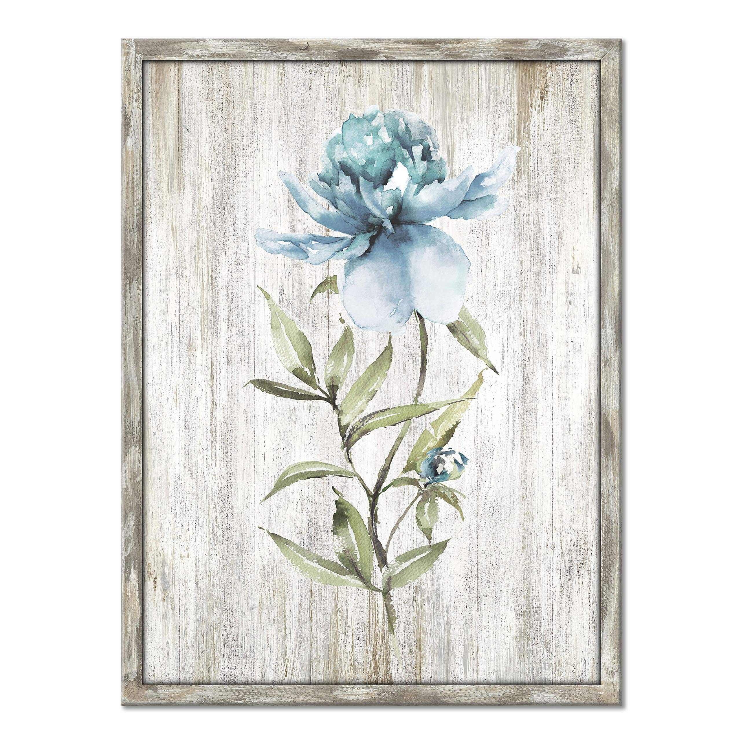 UTOP-art Wood Flower Wall Art Prints Blossom Floral Wall Decor Blue Picture on Rustic Wooden Textured Artwork Painting for Bedroom Small Panel office artwork wall decor