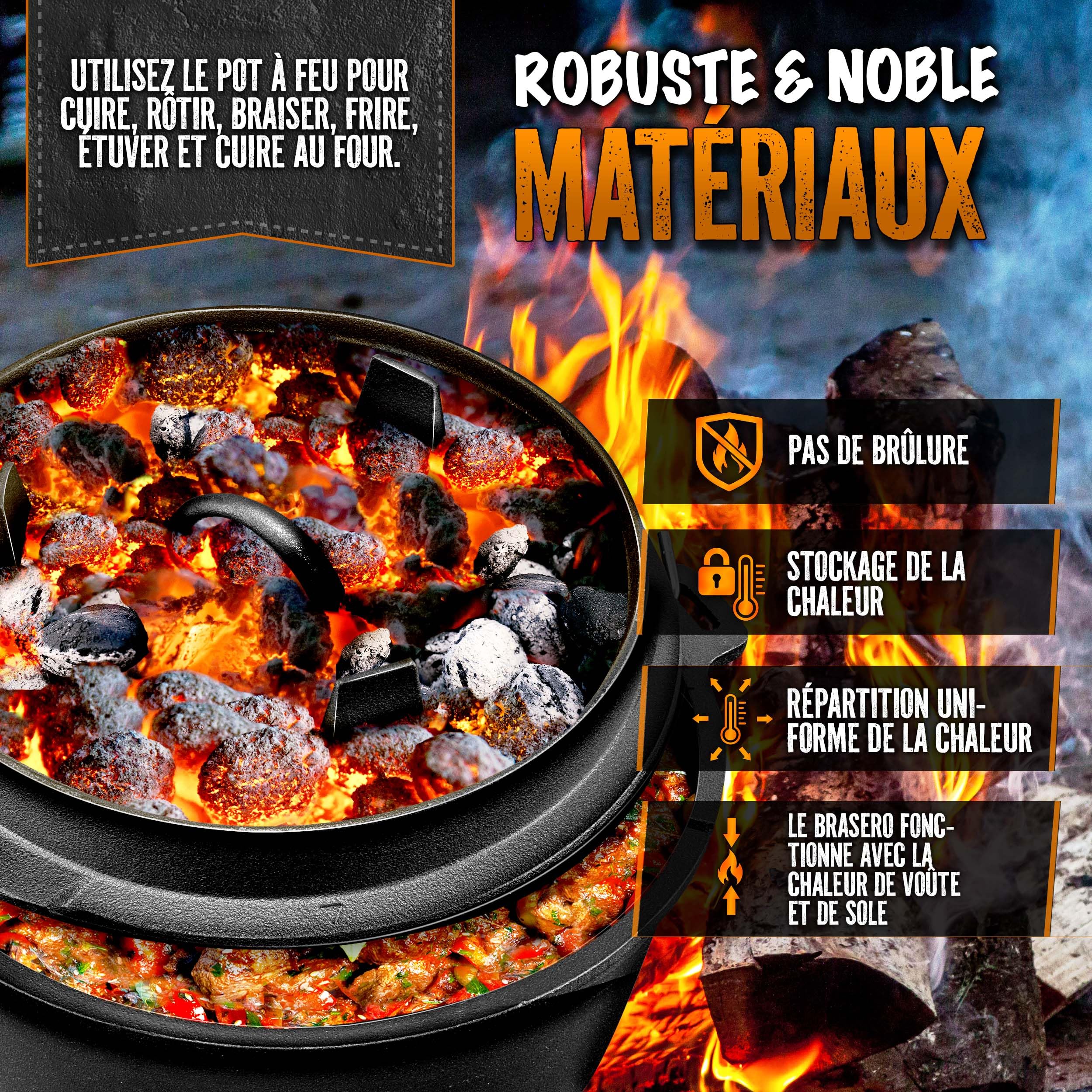 grillas® Dutch Oven Set Premium Série | Pré-assaisonné | Casserole en fonte I Rôtissoire avec soulève-Couvercle