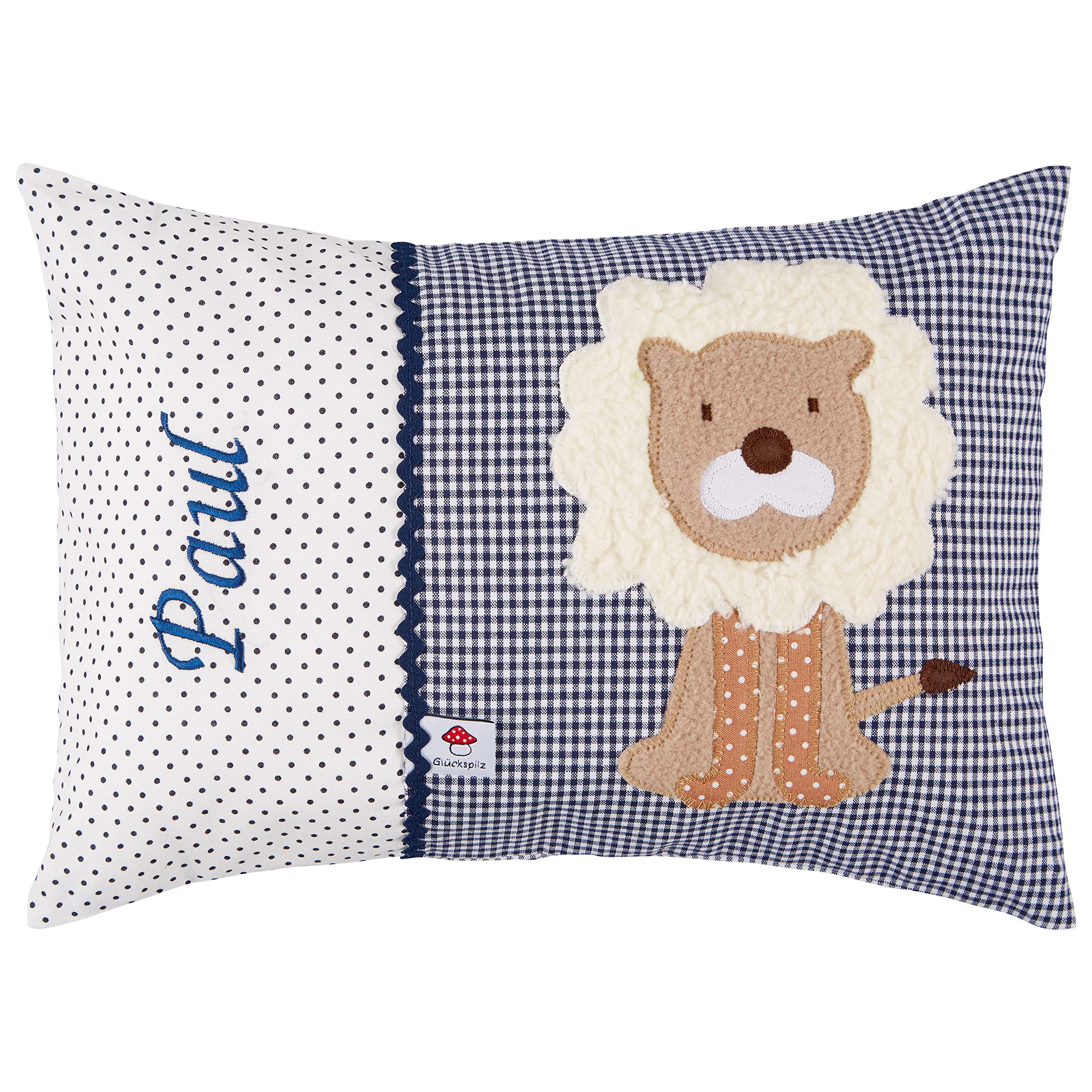 Glückspilz Namenskissen Babykissen I Löwe I Dunkelblau I 30 x 45 cm