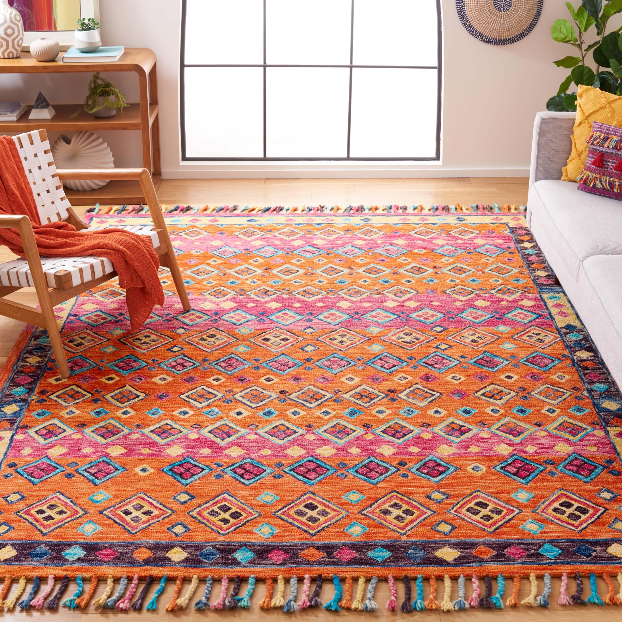 SAFAVIEH Aspen Collection Area Rug - 9' x 12', Orange & Fuchsia, Handmade Boho Braided Tassel Wool, Ideal for High Traffic Areas in Living Room,
