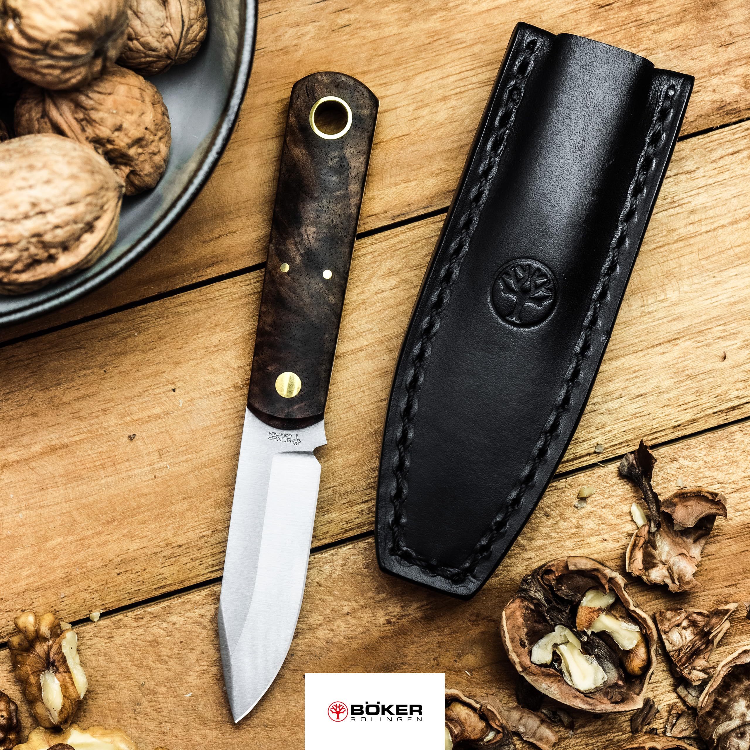 Böker SOLINGEN® Barlow BFF feststehendes Taschenmesser mit Holz-Griff - Premium Taschen-Messer handgemacht mit Lederscheide - 42a konformes Messer Made in Germany