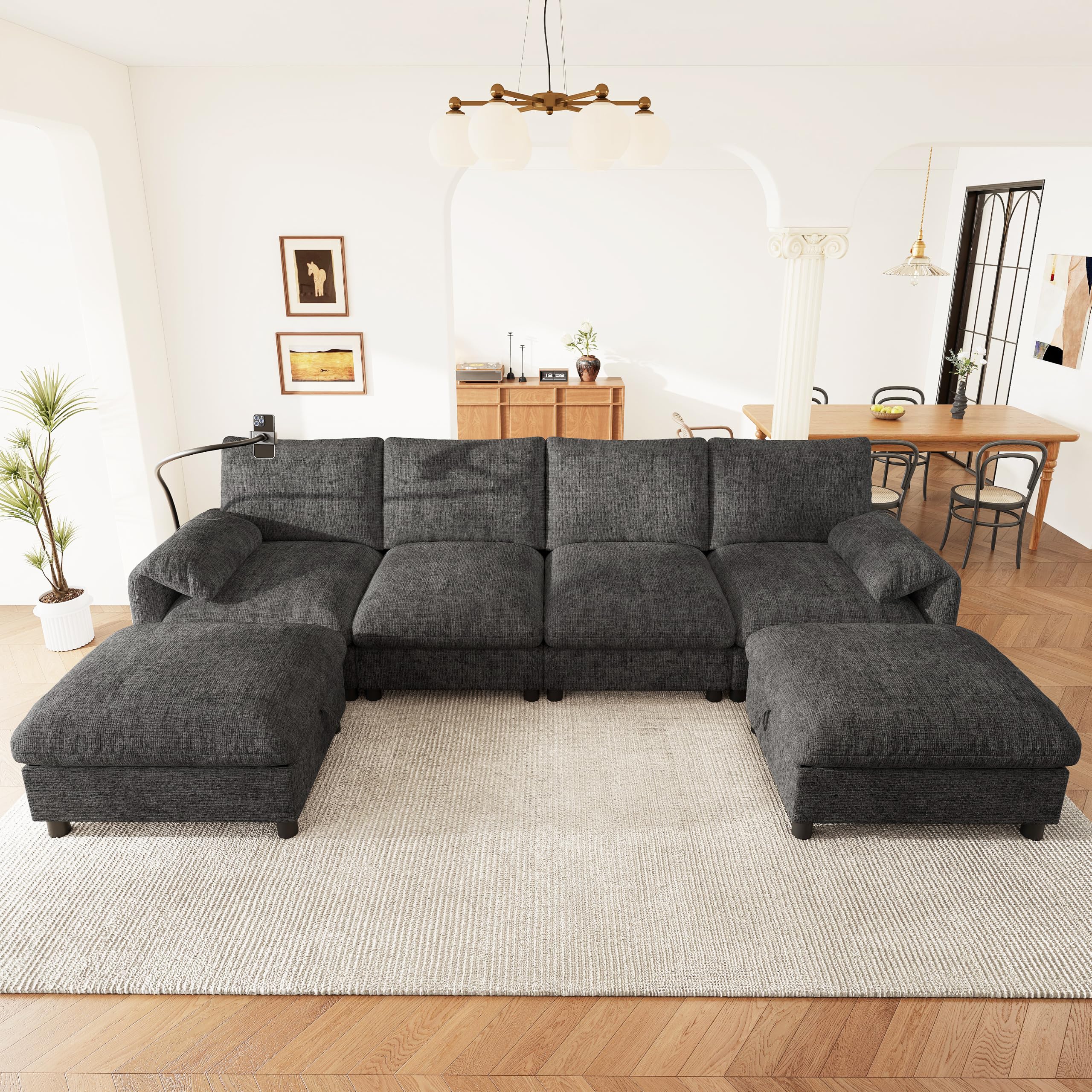 Sofa Modular Esquinero en Forma de U/L con 2 Taburetes de Almacenaje | Sofa Rinconera con USB y Soporte para Móvil, Sofas de Salon para 6 Personas, Chenilla, 273.5x133x81 cm, Gris