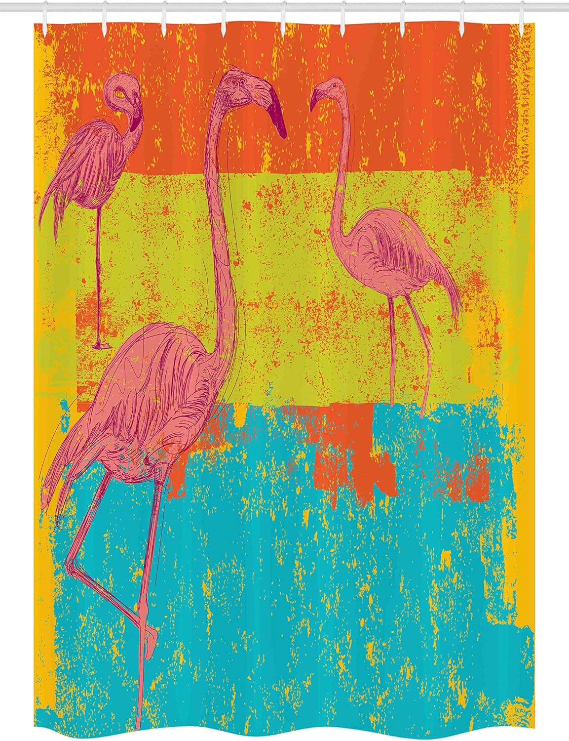 Ambesonne Flamingo Stall Shower Curtain, Illustration of Flamingos in Old Style Retro Vintage Colored Stripes Art Grunge, Fabric Bathroom Decor Set with Hooks, 54" W x 78" L, Multicolor