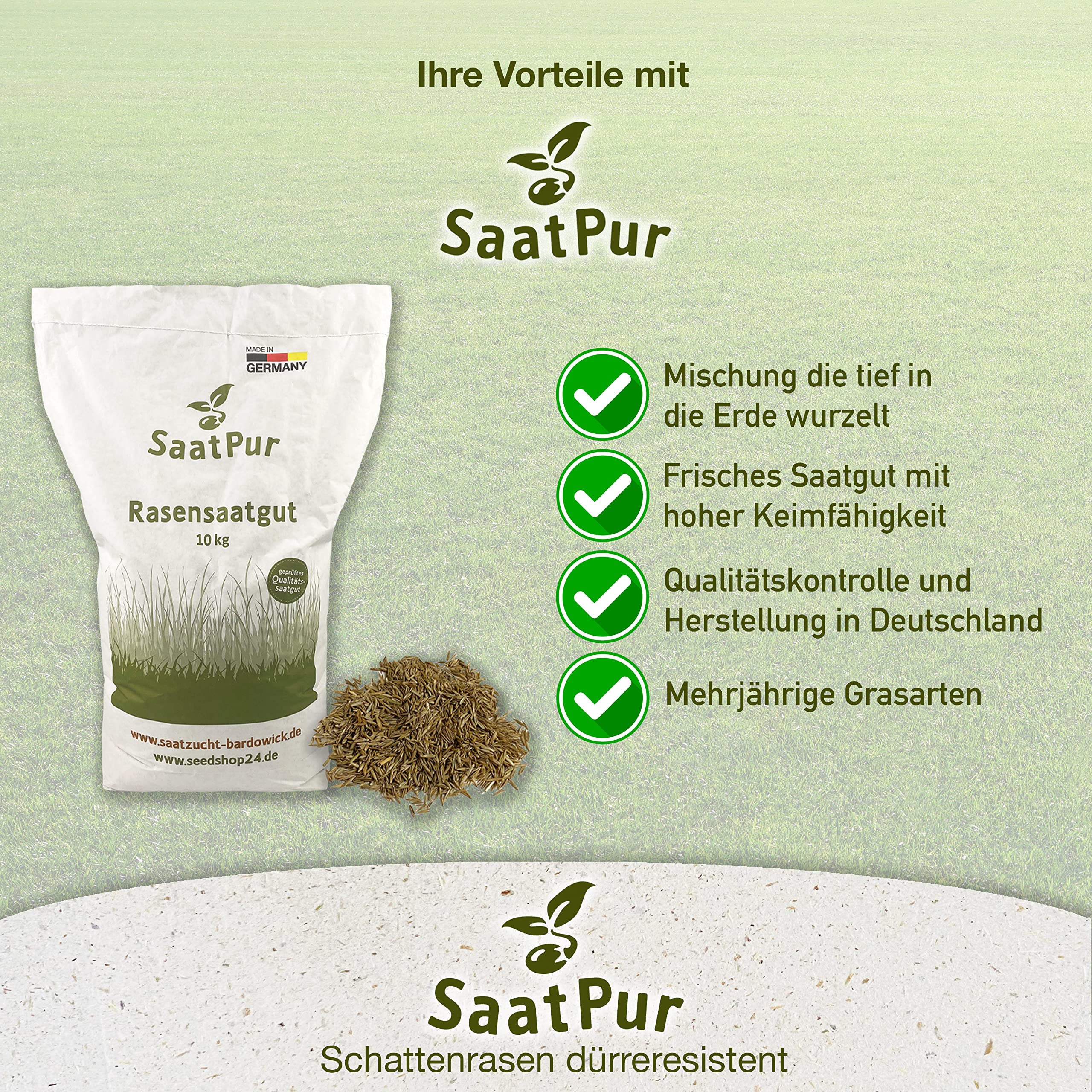 SaatPur® Rasensamen Schattenrasen Dürreresistent 5kg für ca. 150 m², Mehrjährige Rasemischung aus mehreren Rasenarten, meistens 4 bis 5, satt grün, schnellkeimend, hitzetolerant, Neusaat und Nachsaat