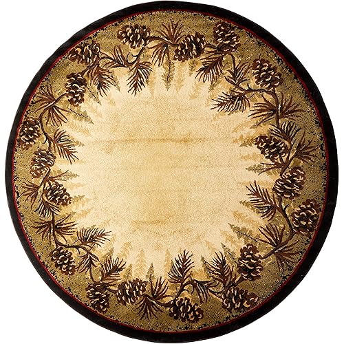 Rustic Lodge Pine Cone Border Brown 8ft Round Area Rug, 7'10x7'10
