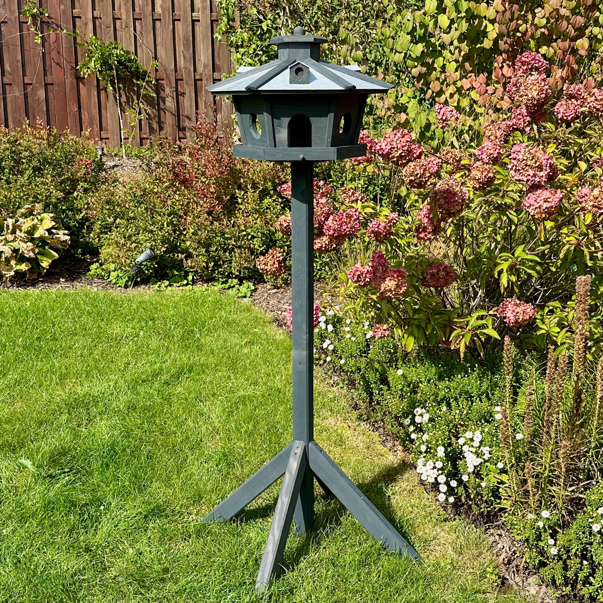 GARTENETAGE Vogelhaus Holz mit 2in1 Ständer & Metalldach/Vogelhaus mit Ständer wetterfest und stabil/sechseckiges Vogelfutterhaus mit Ständer/Robustes Vogelhäuschen für Balkon und Garten
