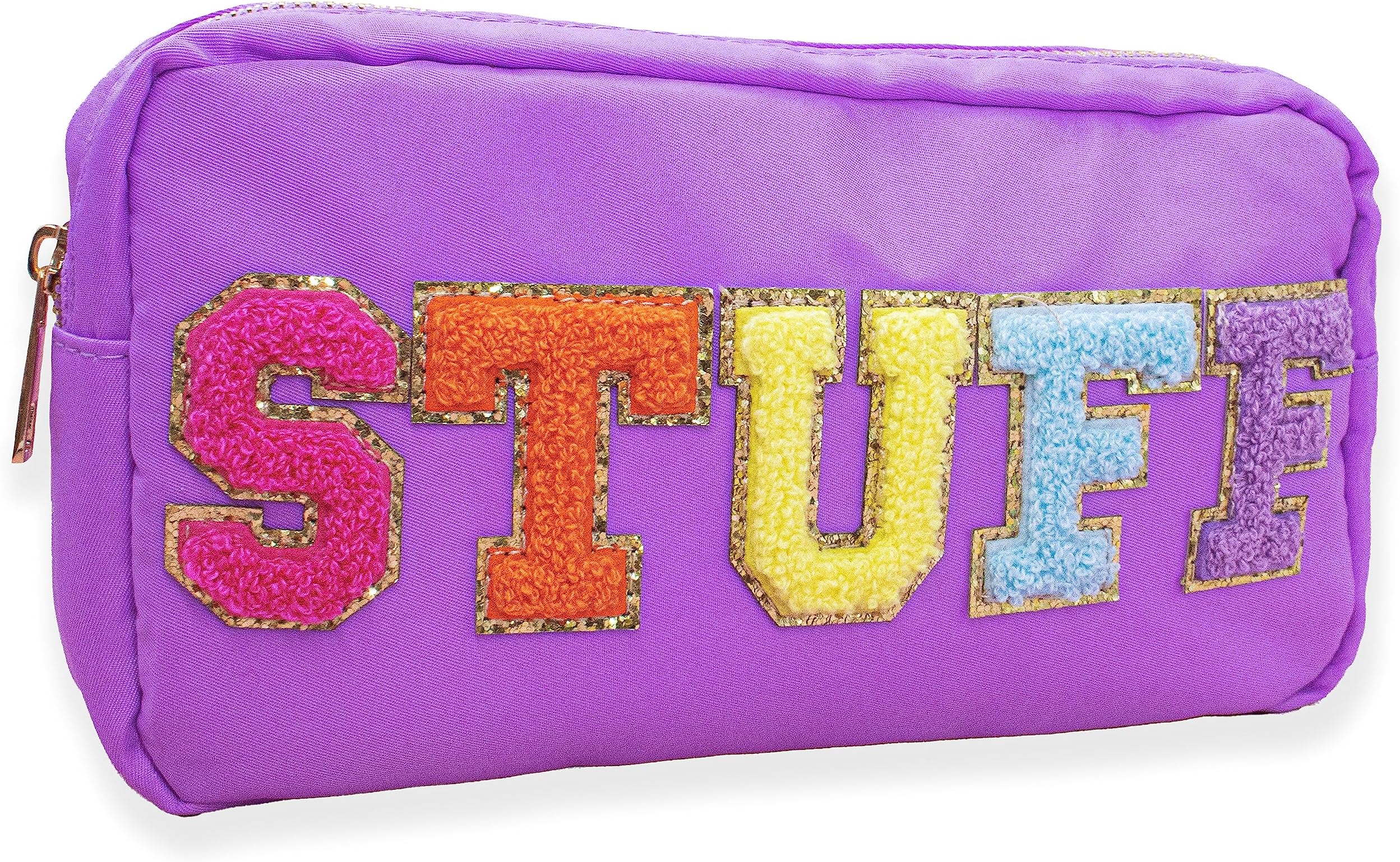 Fablinks Preppy Stuff Bag, Chenille Varsity Letter Makeup Pouch, Nylon Skin Care Zipper Patch Bags Organizer for Women, Travel Make Up Skincare Cosmetic Stocking Stuffers