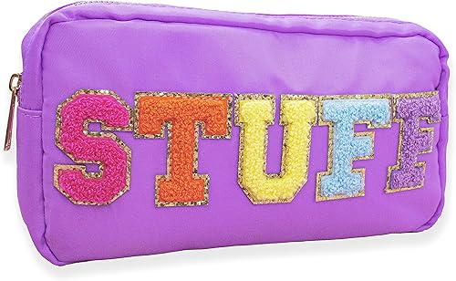 Miniatura 10 de Fablinks Bolsa de cosméticos de nylon rosa con parches de letras de chenilla, Rosado, Cosas-Negro Multi