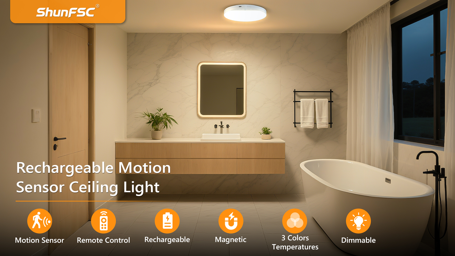 Image of Rechargeable 6W Motion Sensor Ceiling Light Indoor, No Wiring & Magnetic Stick-On, Remote Control for Color & Brightness, Battery Operated Light for Shower, Closet, Bathroom, Pantry, Hallway, 1-Pack