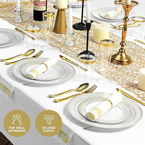 Miniatura 7 de 252 platos blancos y dorados servilletas suministros de fiesta vajilla para adultos 36 juegos juego de platos de plástico dorado pequeño y grande